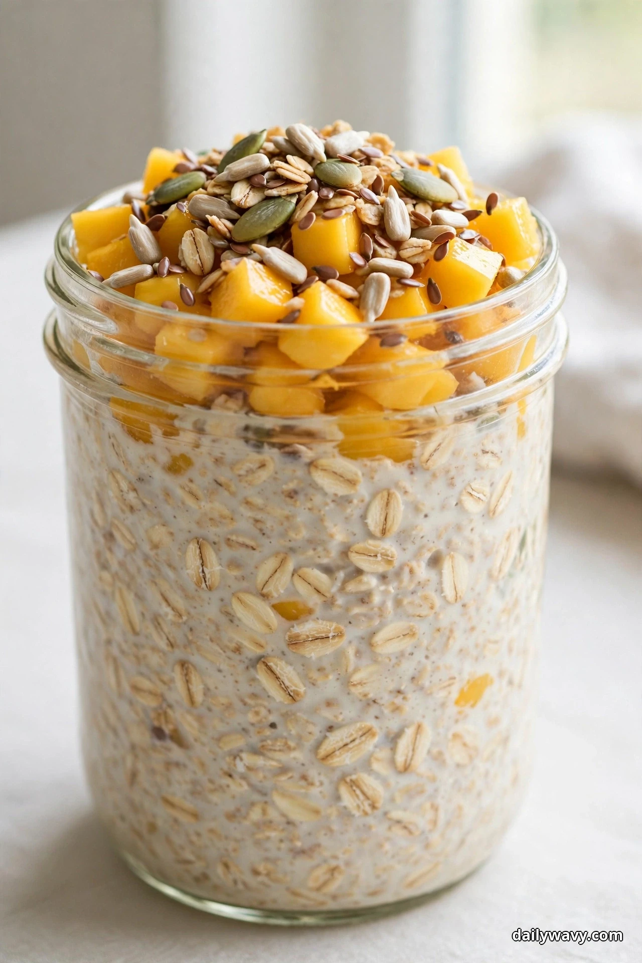 A glass jar of mango overnight oats with visible oat texture is topped with golden diced mango and a heap of mixed seed granola with pumpkin and sunflower seeds