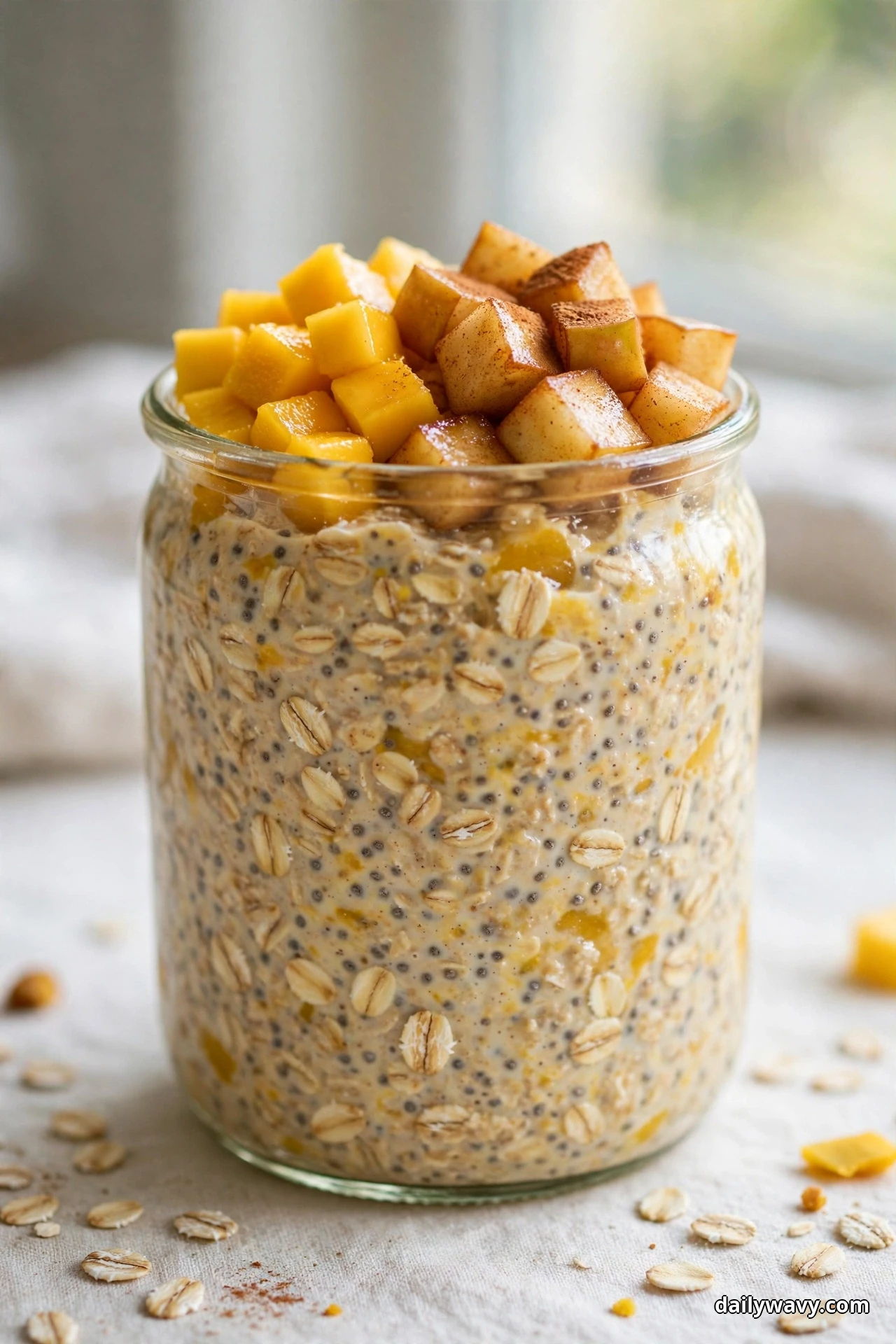 A glass jar of mango overnight oats is topped with golden diced mango and cinnamon-dusted cooked apple cubes, with loose oats scattered on the cloth in front