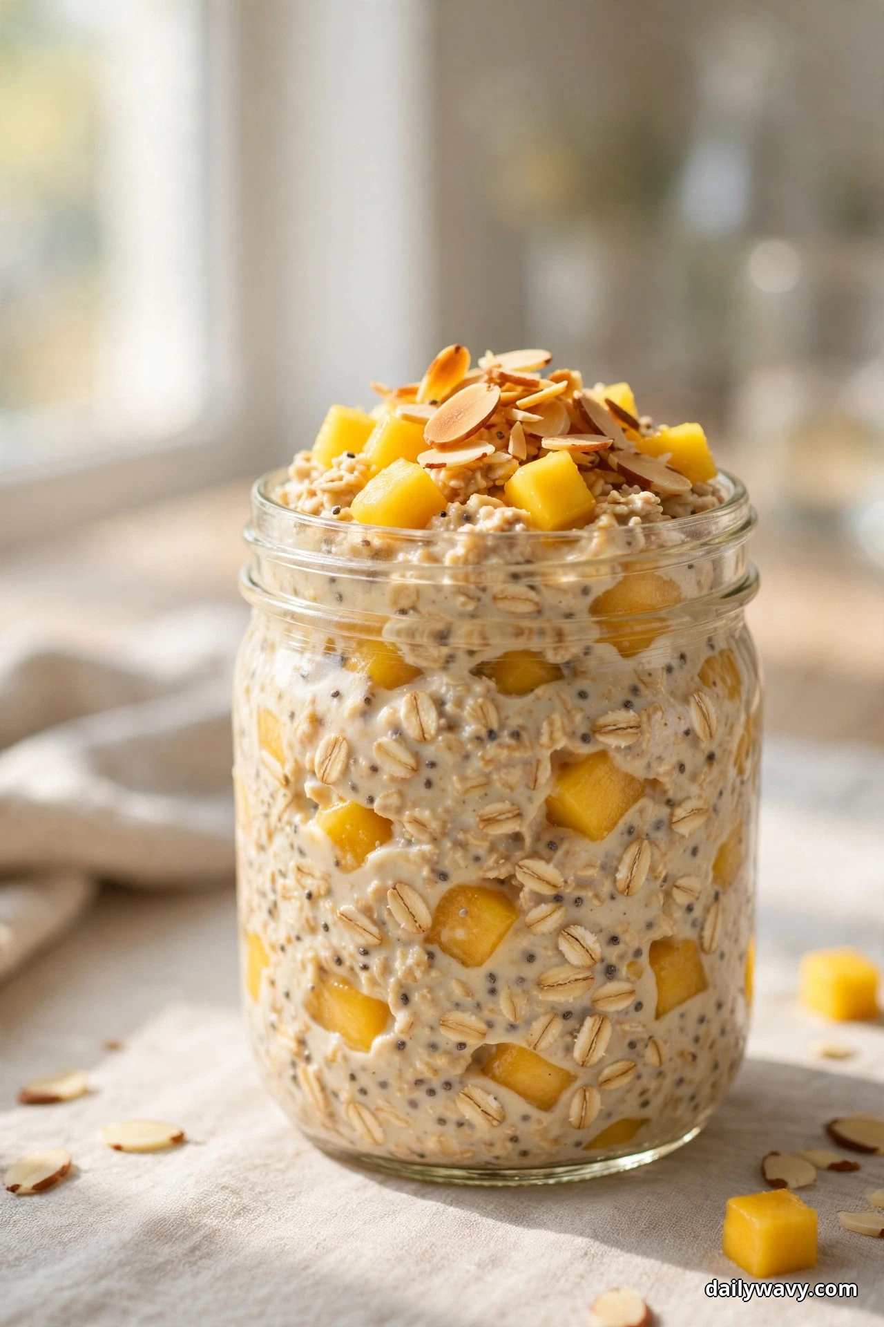 A glass jar of mango overnight oats is topped with golden diced mango and toasted sliced almonds, with almond slices and a mango cube scattered on the cloth beside it