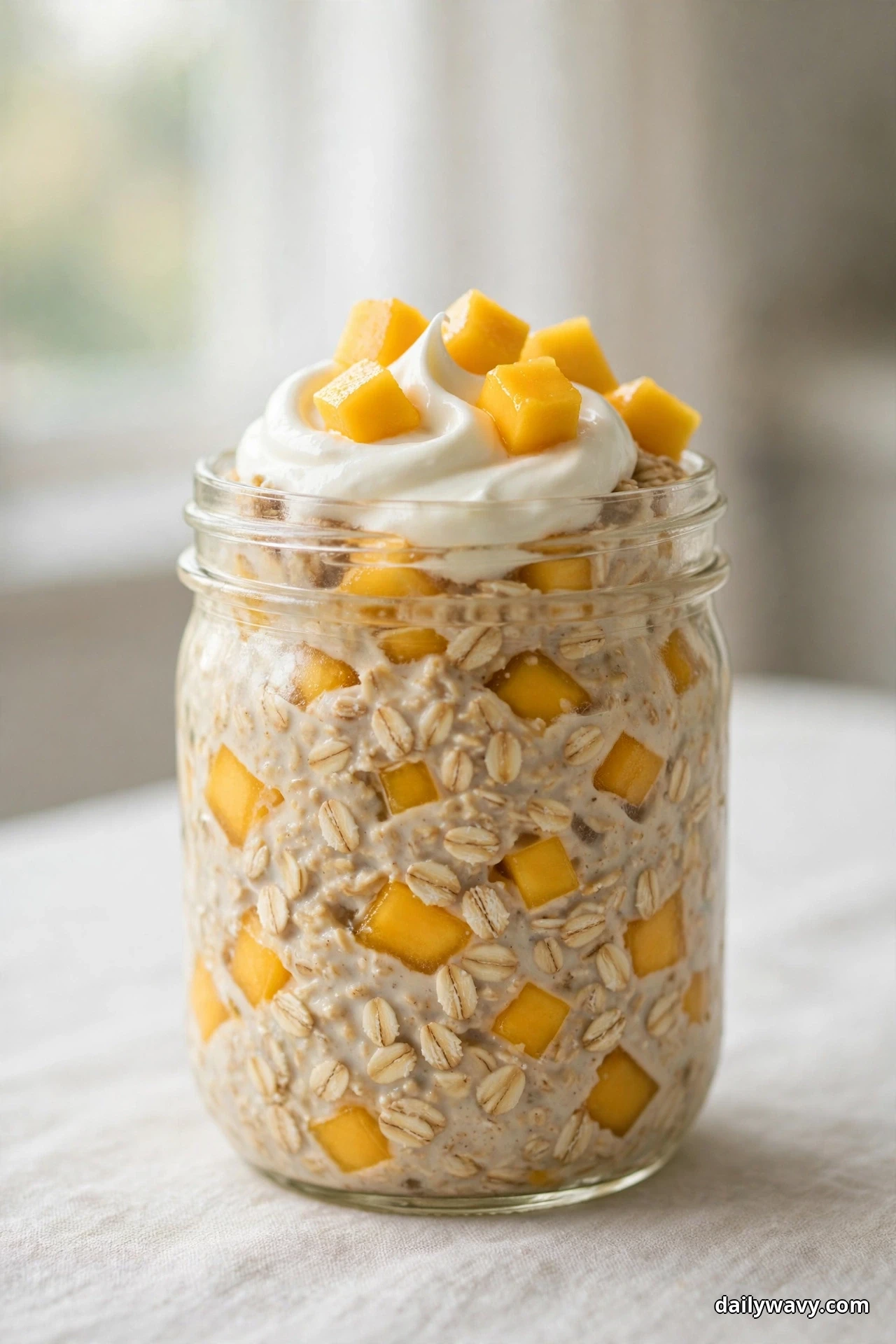 A glass jar of mango overnight oats is topped with golden diced mango over a swirl of white yogurt