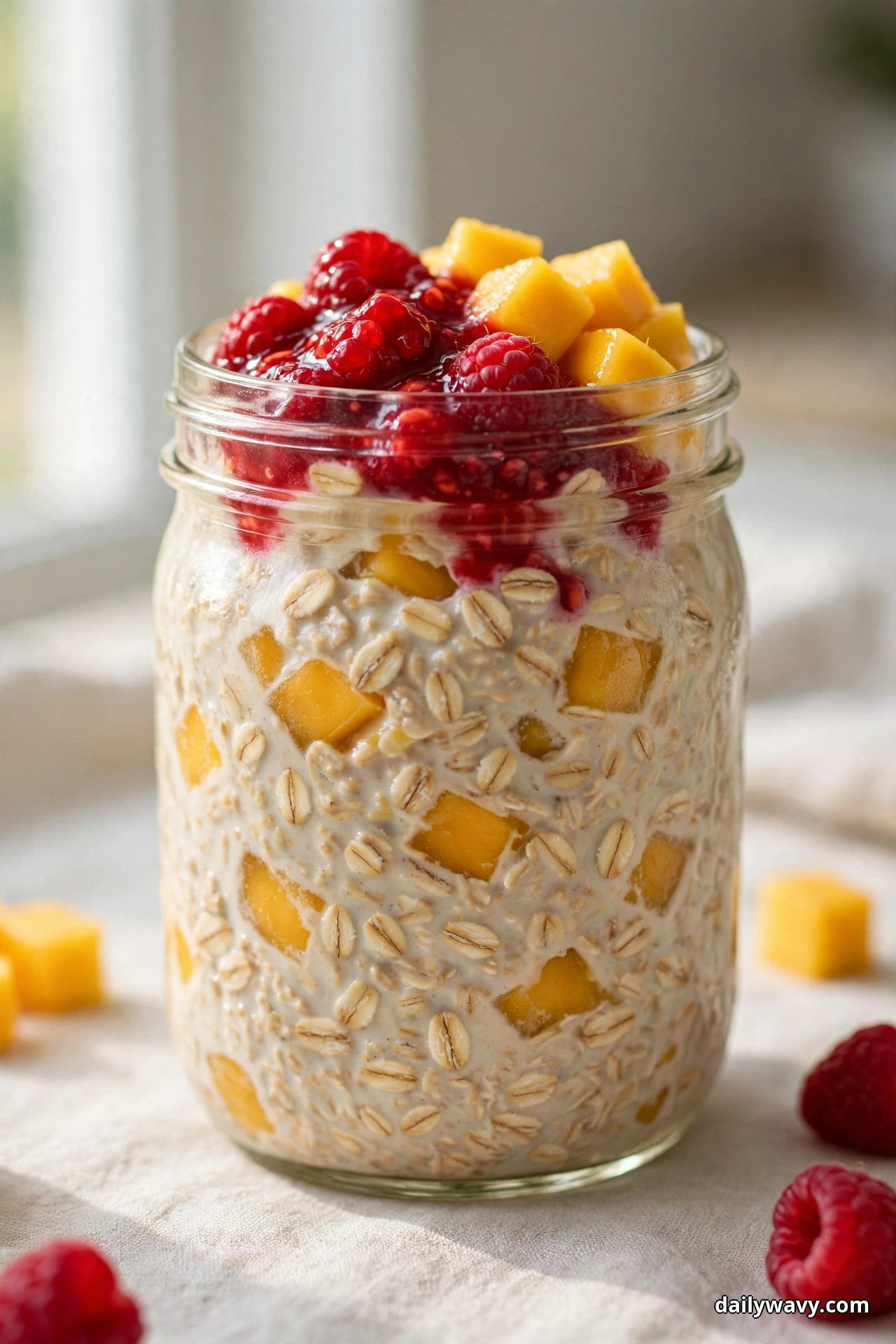 A glass jar of mango overnight oats is topped with golden diced mango and glossy red raspberry compote, with whole raspberries and mango cubes on the cloth beside it