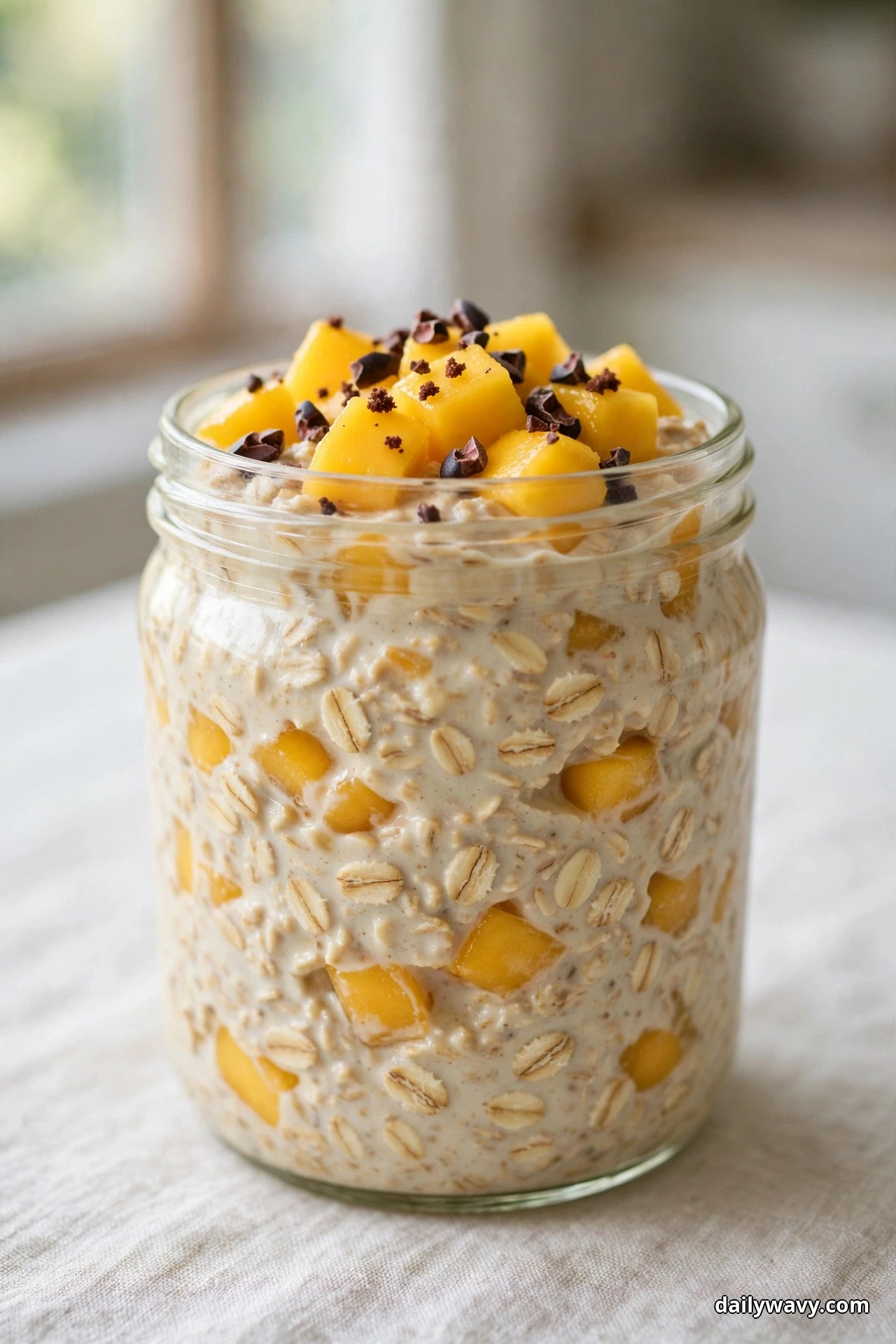 A glass jar of mango overnight oats is topped with golden diced mango and dark cacao nibs