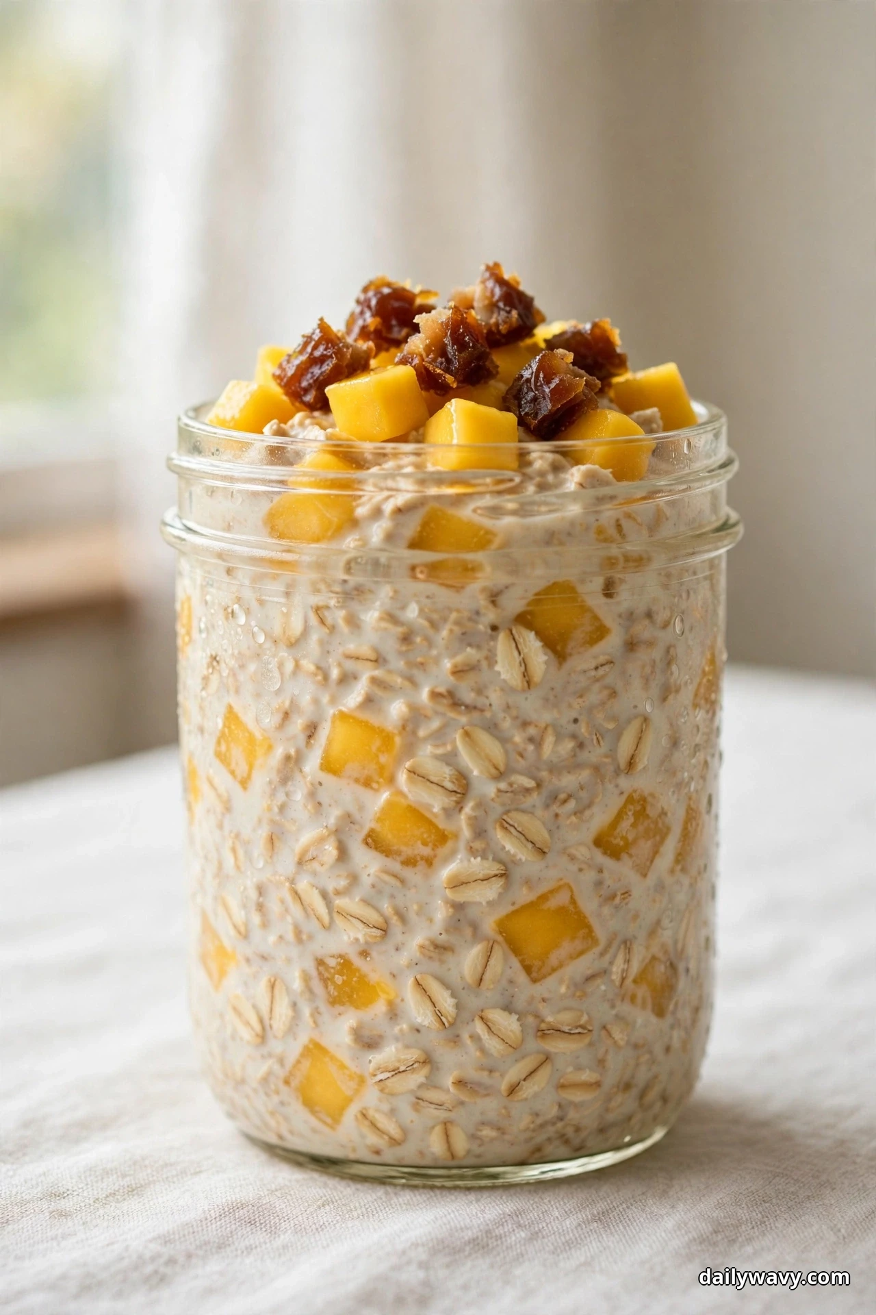 A glass jar of mango overnight oats is topped with golden diced mango and chopped sticky date pieces