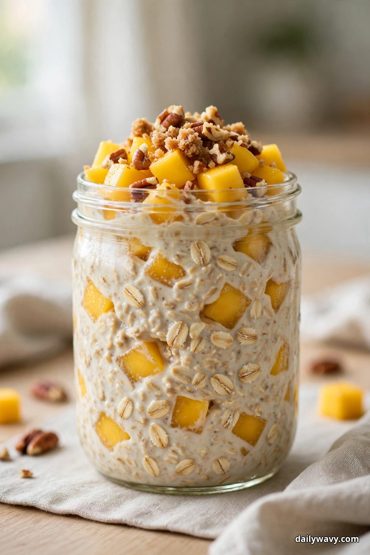 A glass jar of mango overnight oats is topped with golden diced mango and buttery pecan crumble pieces, with pecans and mango cubes scattered on the cloth beside it