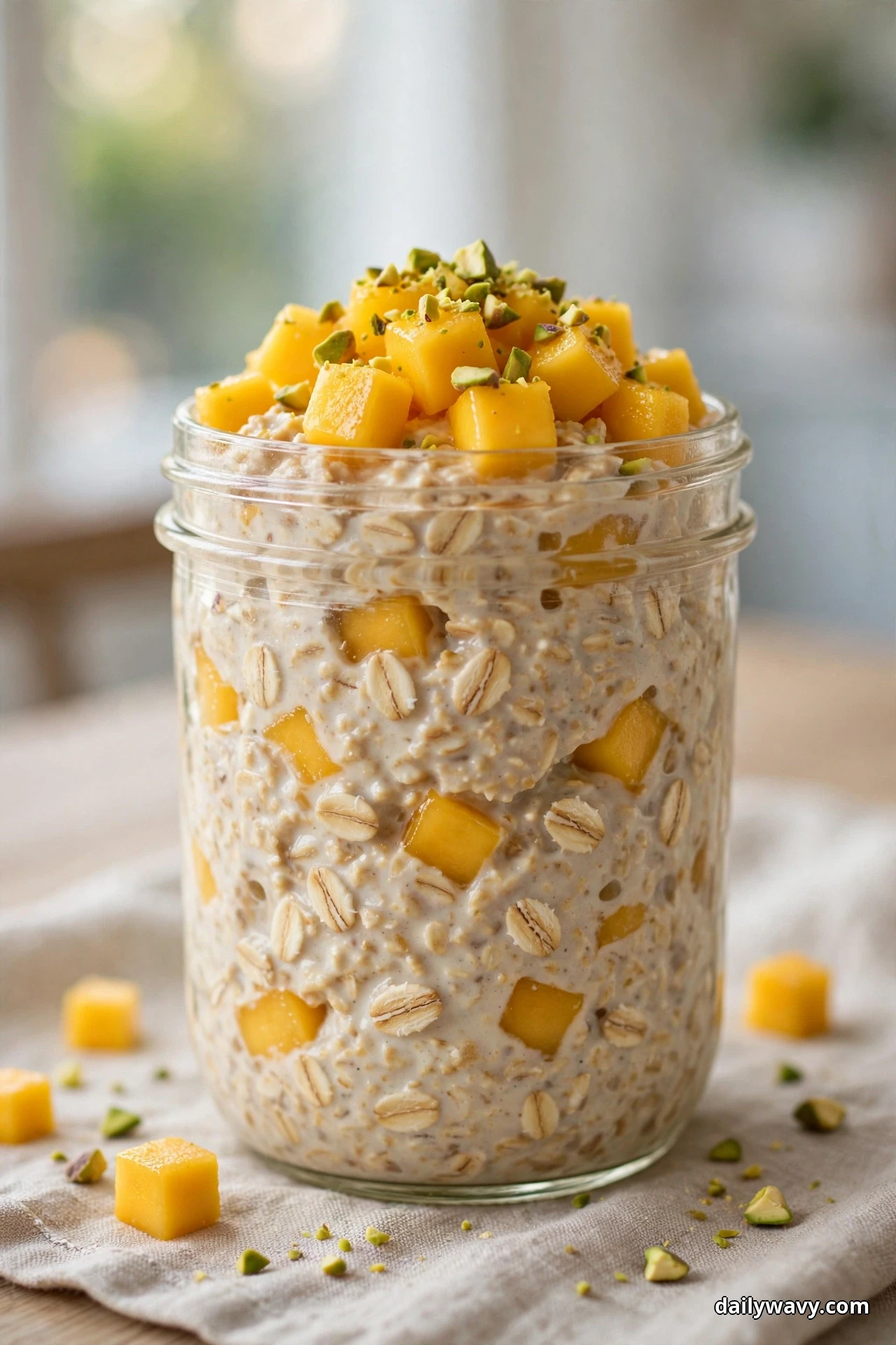 A glass jar of mango overnight oats is topped with golden diced mango and chopped green pistachios, with mango cubes and pistachio pieces scattered on the cloth in front