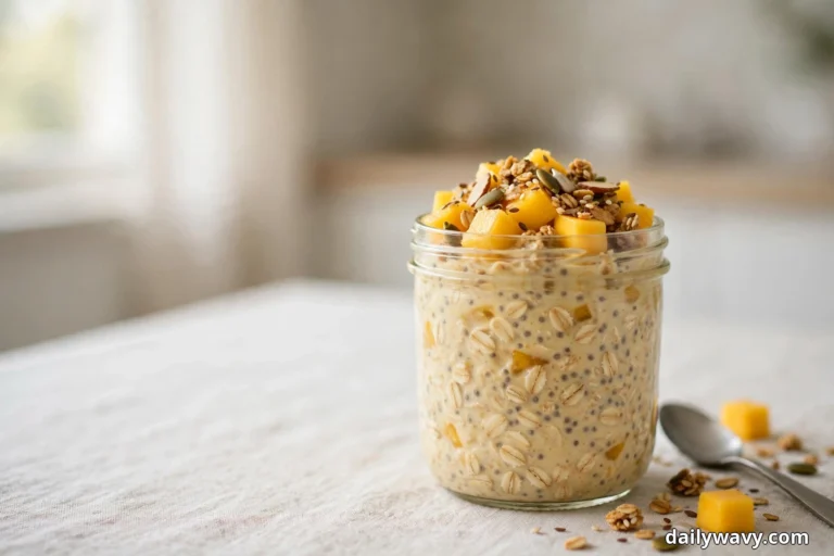 A glass jar of creamy mango overnight oats topped with golden diced mango and crunchy seed granola stands on a pale tablecloth, with a spoon resting beside it and loose granola and mango cubes scattered in front