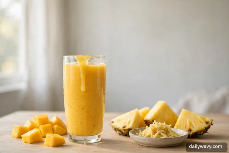 Mango smoothie in a tall glass with mango cubes, pineapple wedges and grated fresh ginger