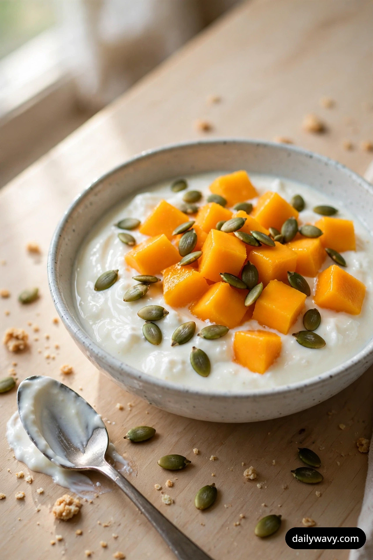 A closer view shows a speckled ceramic bowl of yogurt piled with mango cubes and pumpkin seeds, with a yogurt-coated spoon resting on the wooden table beside it.
