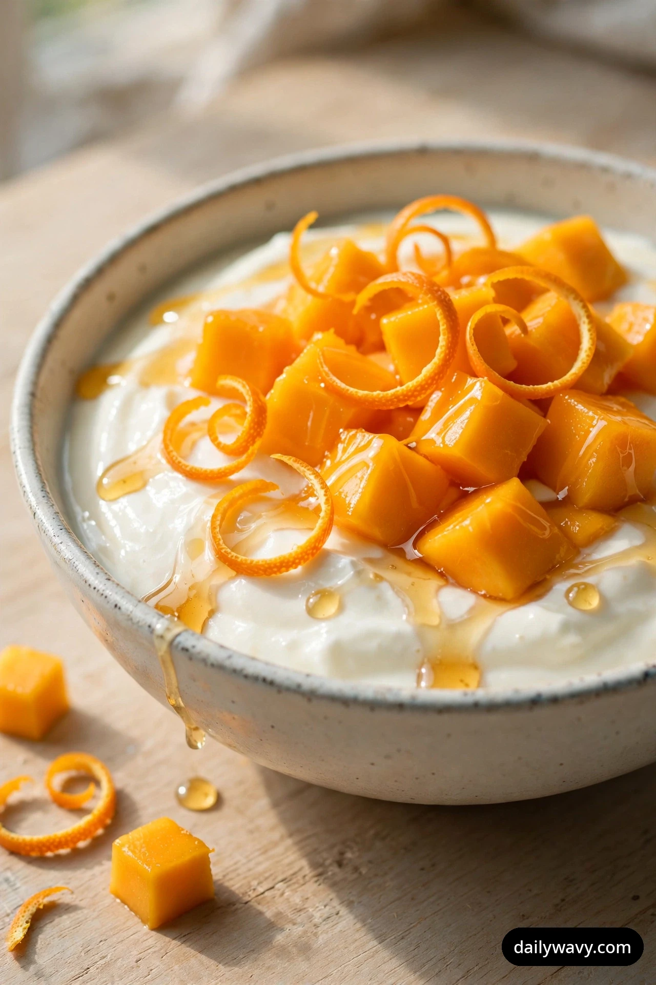 A close-up shows a bowl of yogurt heaped with glossy mango cubes and curled strips of orange zest, with honey drizzled over the top and dripping down the side.