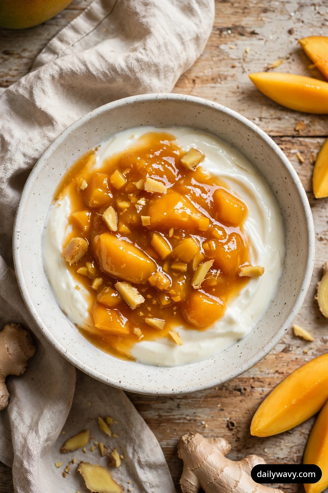 An overhead view shows a ceramic bowl of yogurt covered with glossy ginger mango compote studded with pieces of chopped ginger.