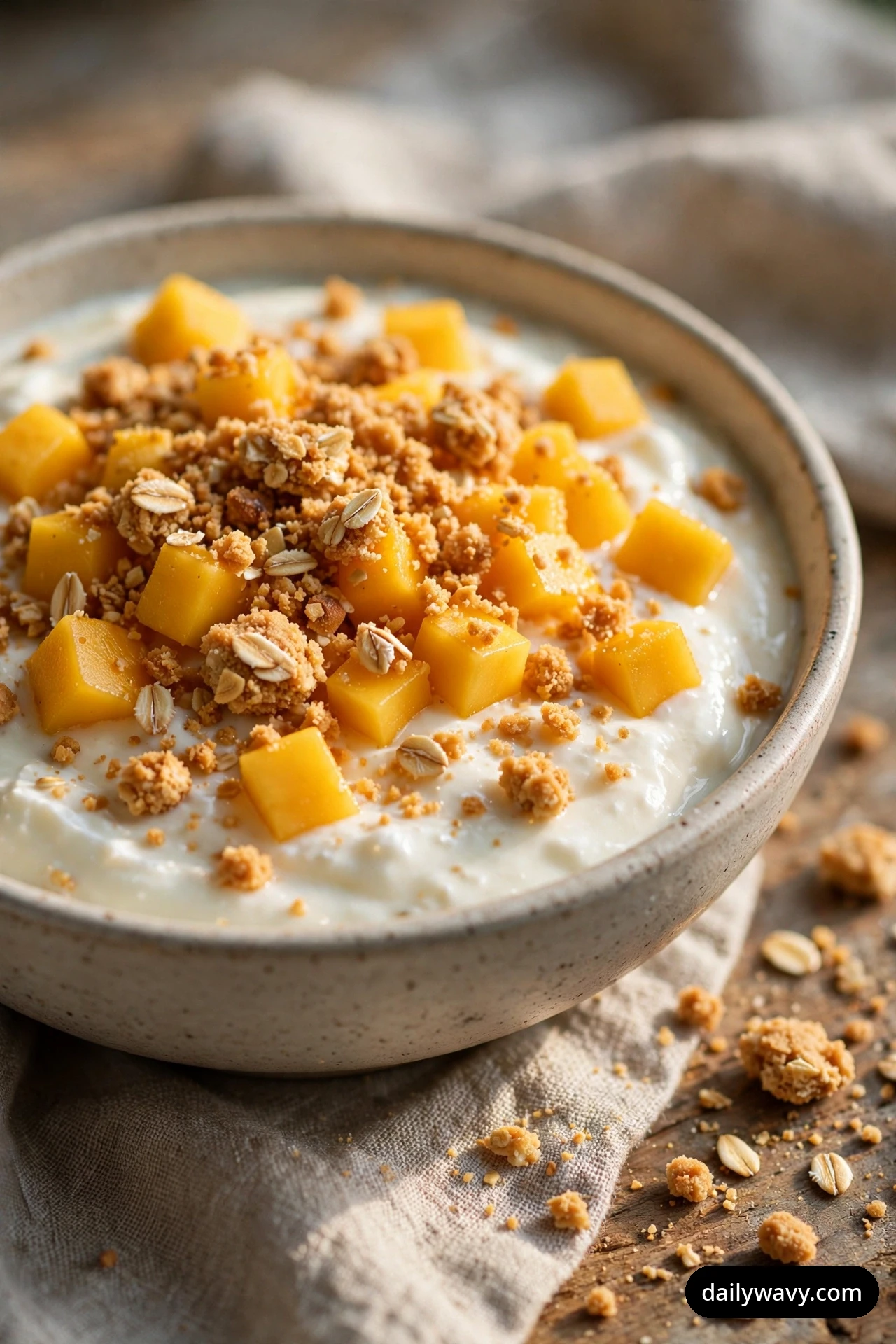 A close-up shows a bowl of yogurt topped with mango cubes and crumbled golden oat biscuits, with loose crumbs scattered on the cloth around the bowl.