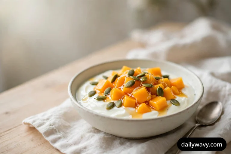 A wide view shows a shallow ceramic bowl of white yogurt topped with diced mango, green pumpkin seeds, and a honey drizzle, resting on a linen napkin beside a spoon.