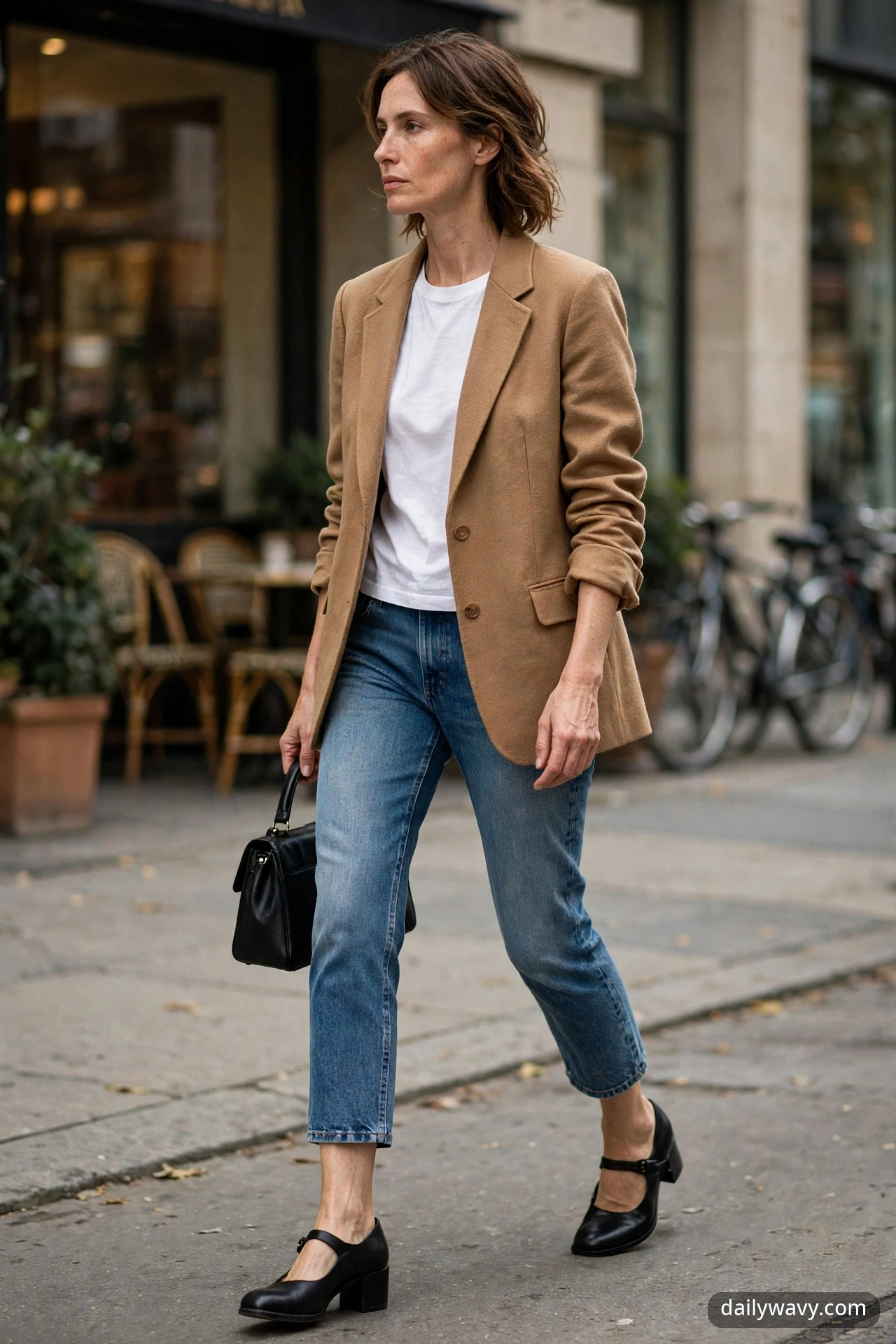 Adult model walking on a sidewalk wearing cropped medium-wash jeans, a camel blazer and black low-heel Mary Jane shoes.