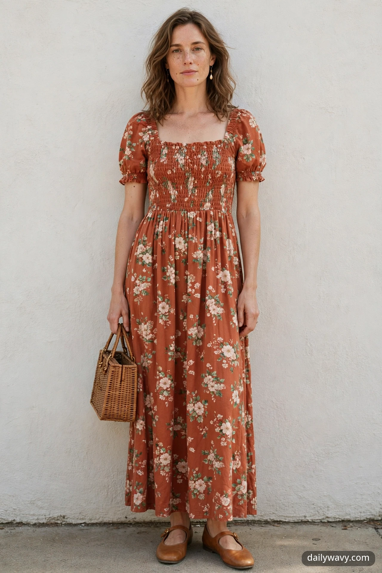 Adult model beside a textured wall wearing a terracotta floral maxi dress, a woven rattan bag and tan flat Mary Jane shoes.