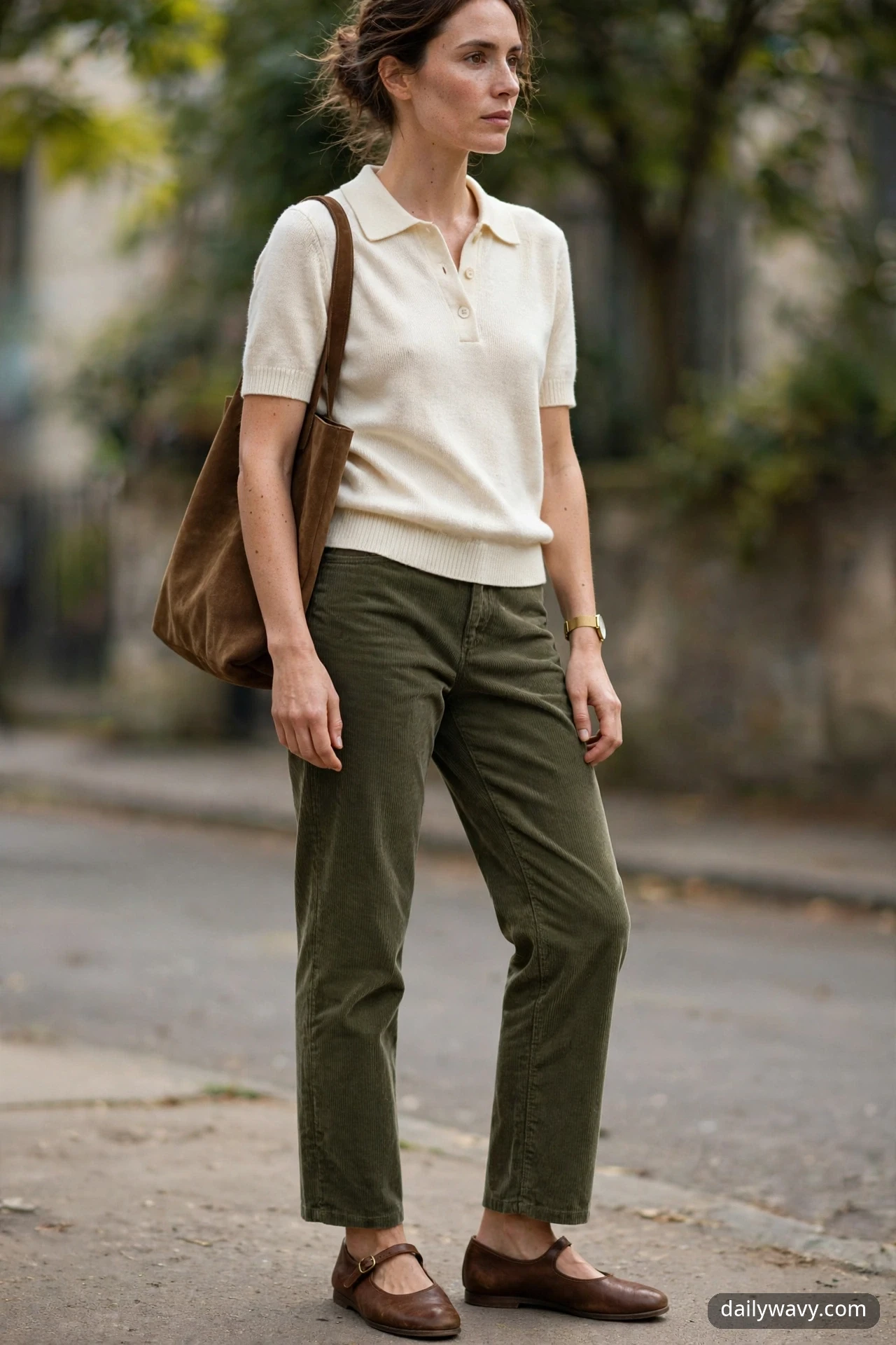 Adult model with a small natural turn wearing olive corduroy trousers, a cream knit polo and brown leather Mary Jane shoes.