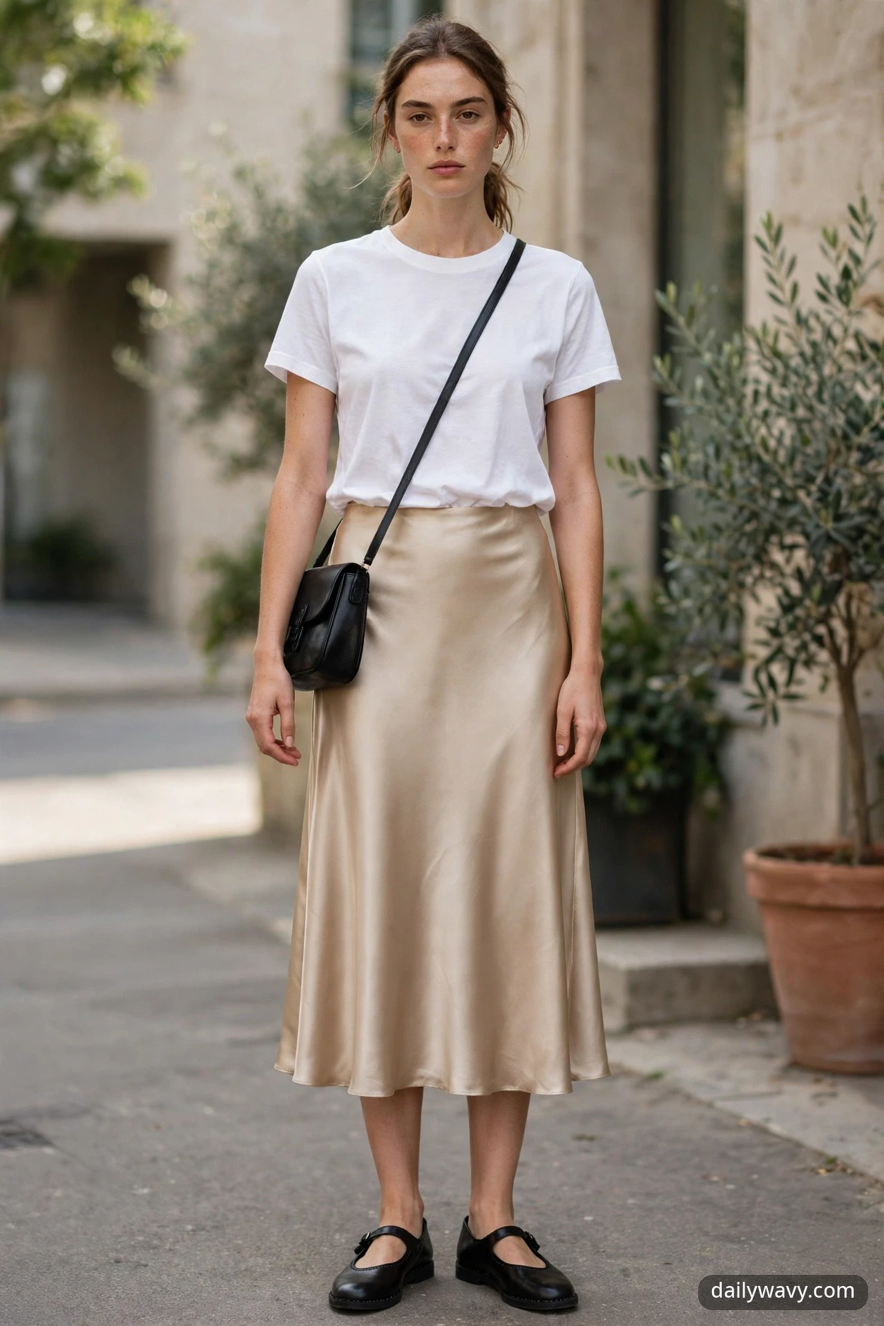 Adult model wearing a champagne satin midi skirt, a tucked white plain tee and black flat Mary Jane shoes.