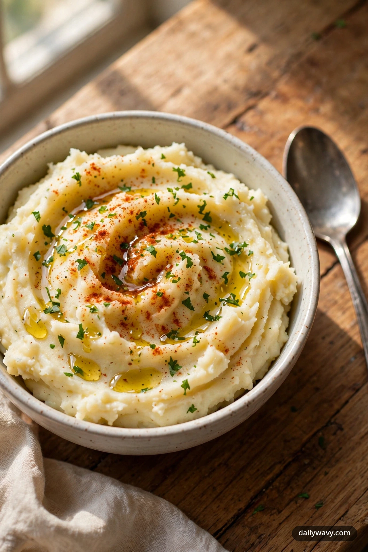 Mashed potatoes with smoked paprika, olive oil and parsley in a serving bowl