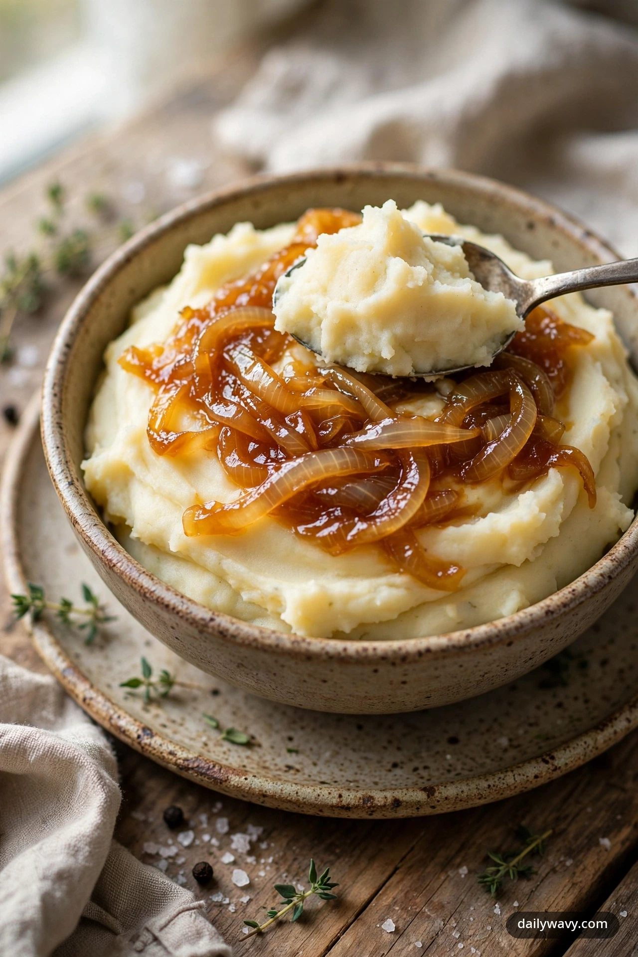 Mashed potatoes topped with golden caramelized onions