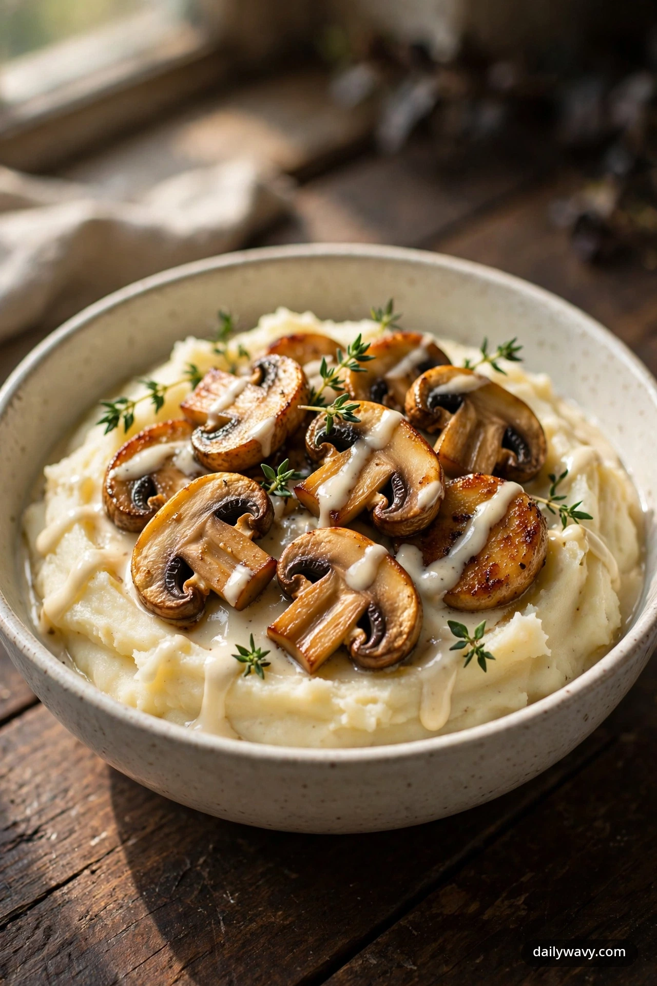 Mashed potatoes topped with seared mushrooms and cream sauce