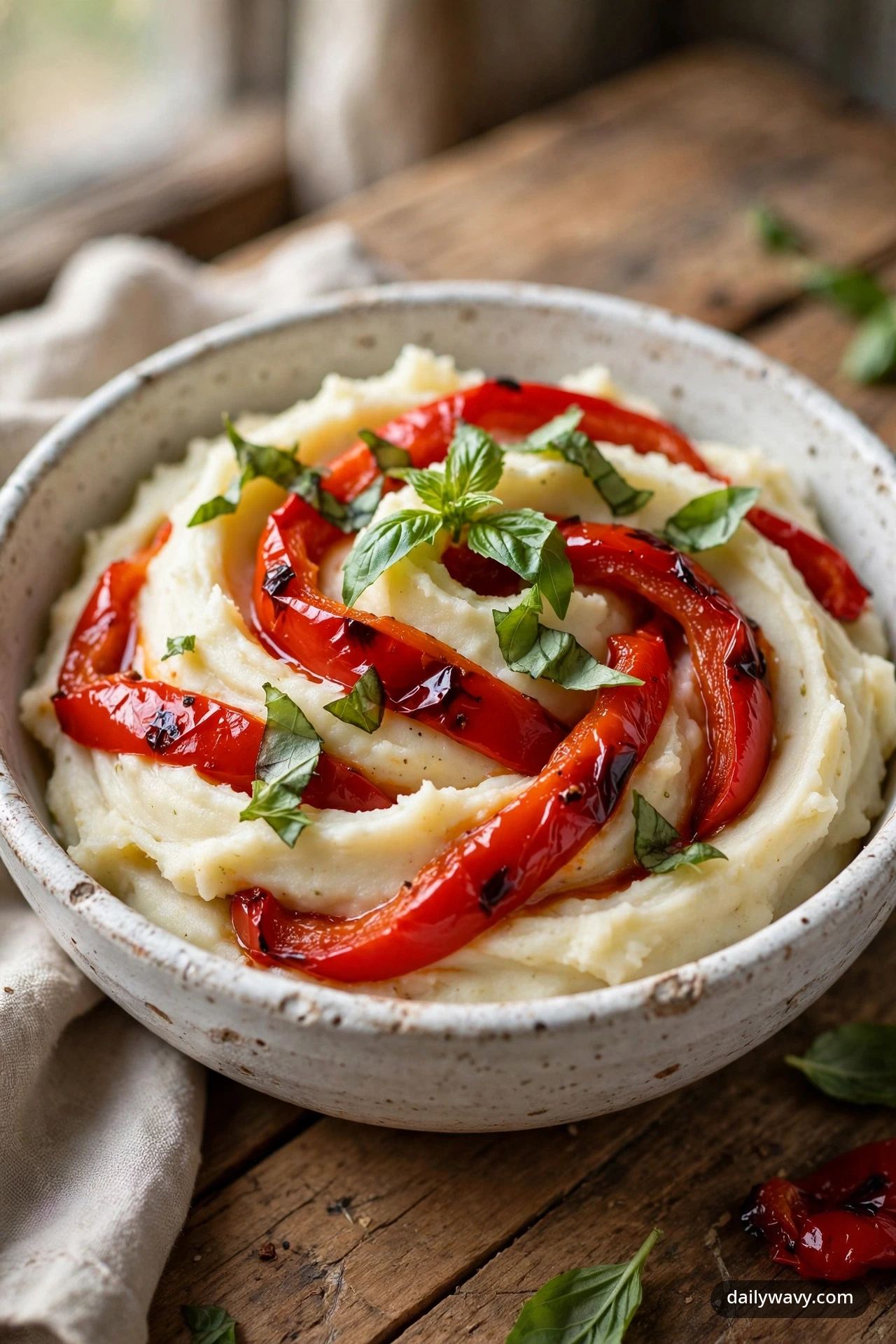 Mashed potatoes with roasted red pepper ribbons and basil