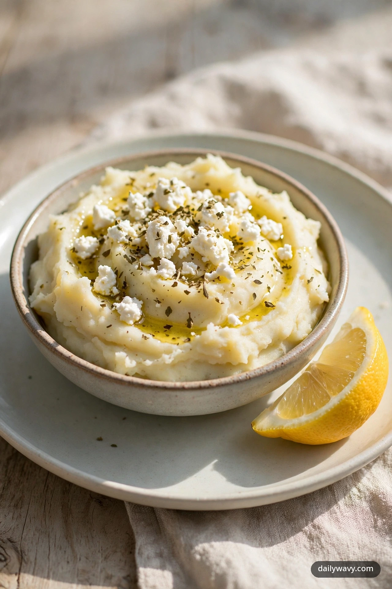Mashed potatoes with crumbled feta, oregano and olive oil