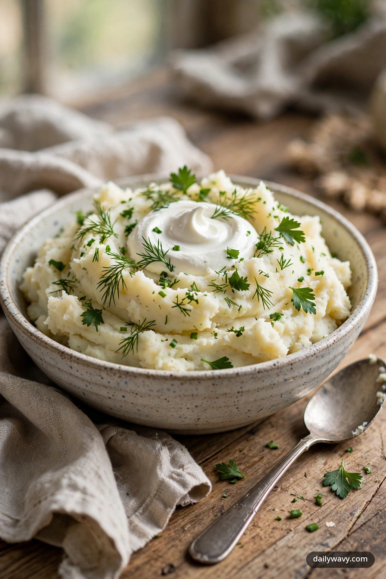 Mashed potatoes with ranch herbs and a swirl of sour cream