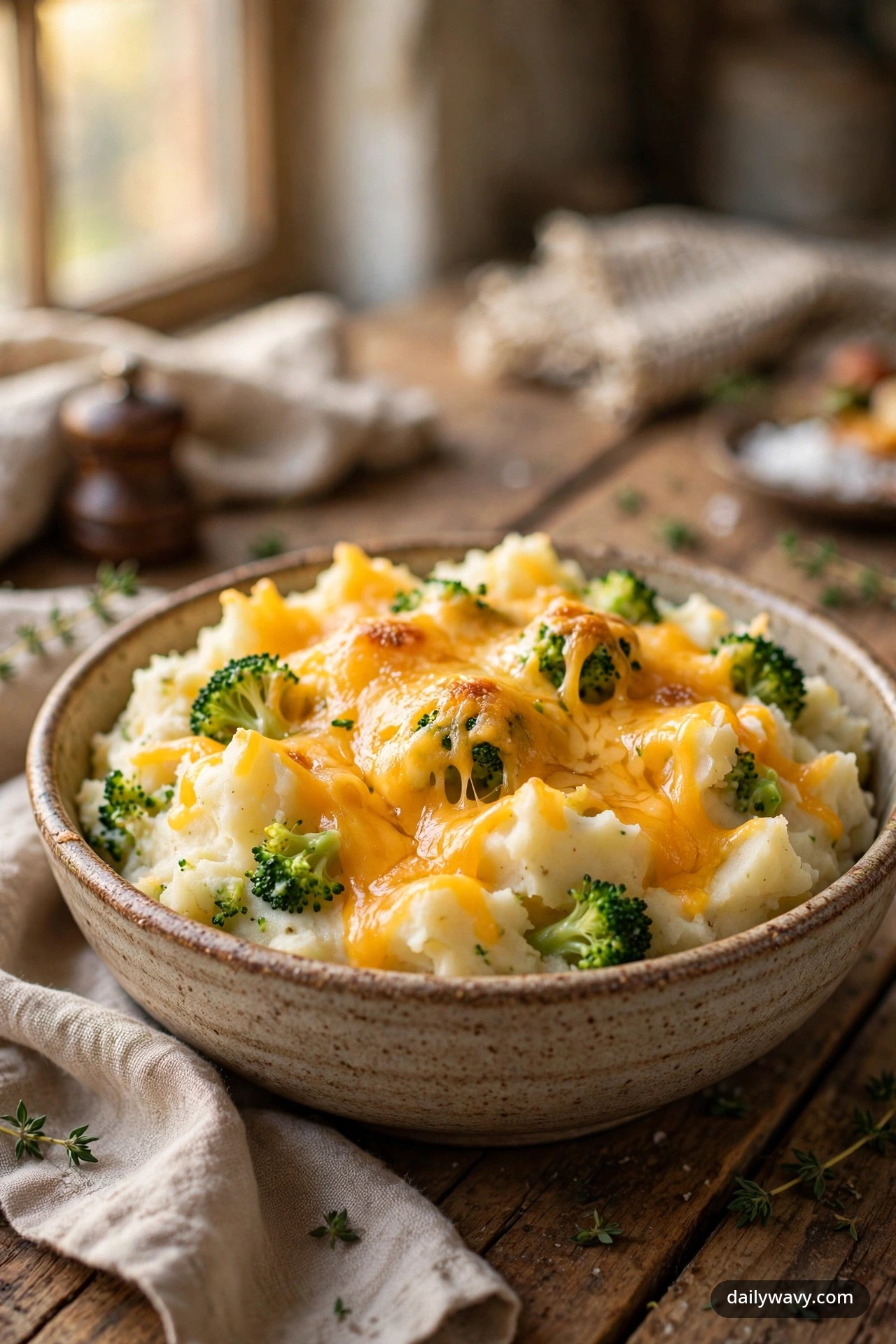 Mashed potatoes with broccoli and melted sharp cheddar