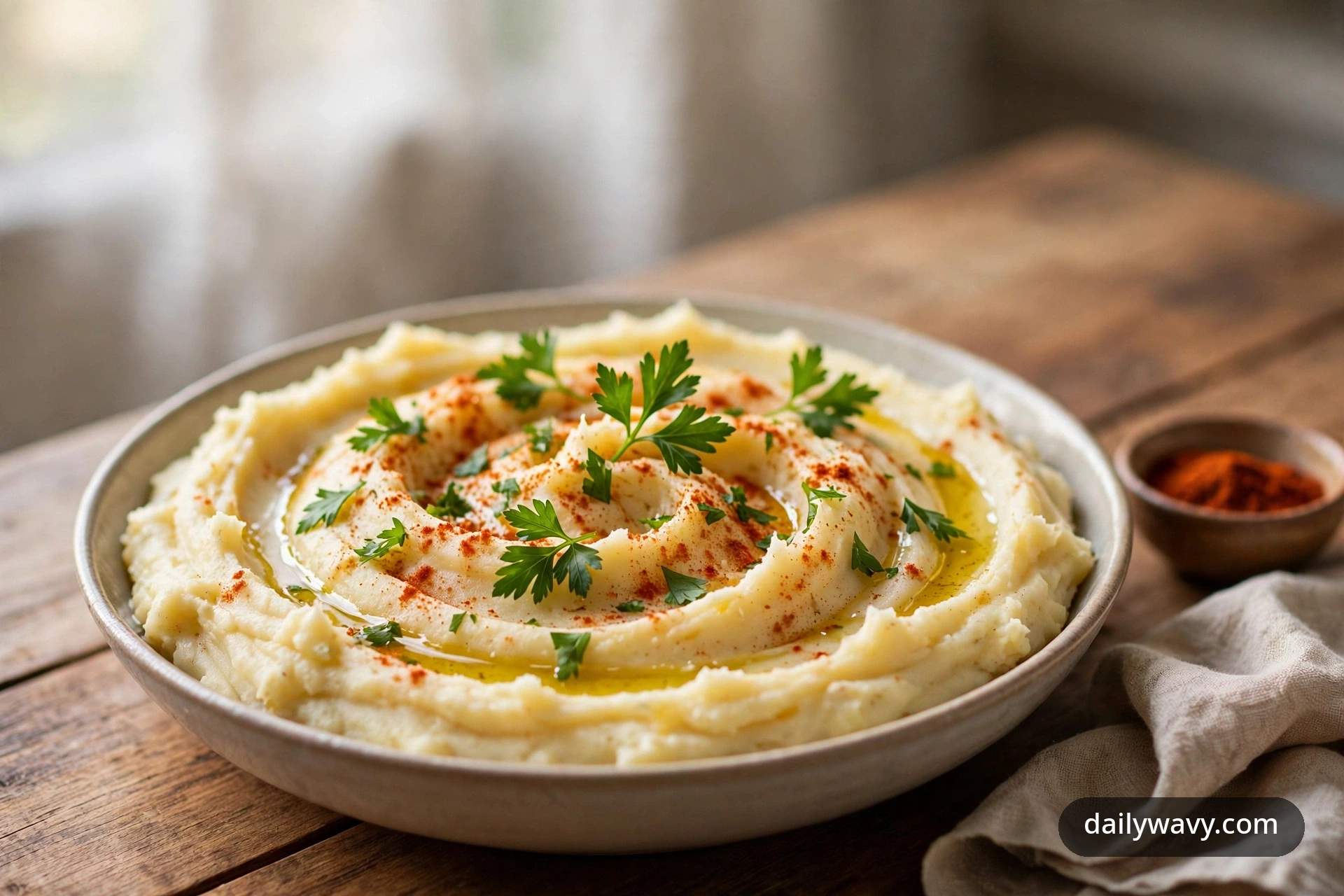 Creamy mashed potatoes dusted with smoked paprika and drizzled with olive oil in a wide serving bowl