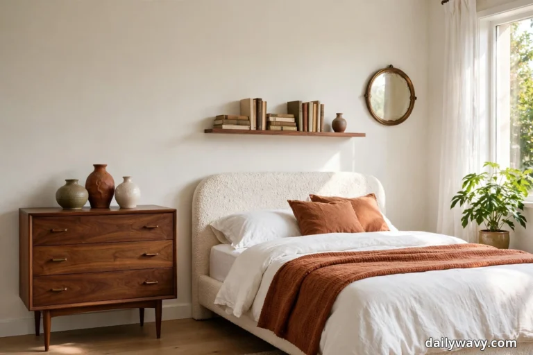 A wide view shows a mid-century bedroom where a walnut dresser topped with olive, rust, and cream ceramic vases stands left of a bed with a cream bouclé headboard, rust pillows, and a rust throw, a walnut shelf of books hangs above the bed, and a round brass-framed mirror and a potted plant stand beside the curtained window
