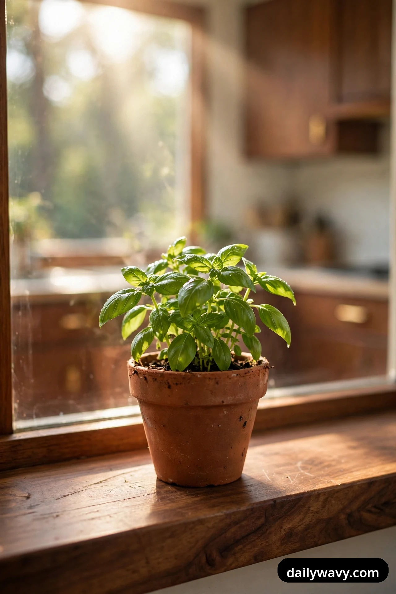 A closer view shows a terracotta pot of basil standing on a wide wooden windowsill in bright sunlight, with blurred walnut cabinets behind it.