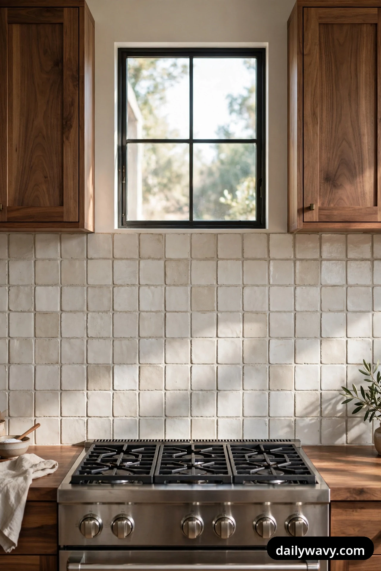 Square cream tiles with a handmade look cover the backsplash behind a stainless steel gas range, flanked by walnut cabinets and wood countertops.