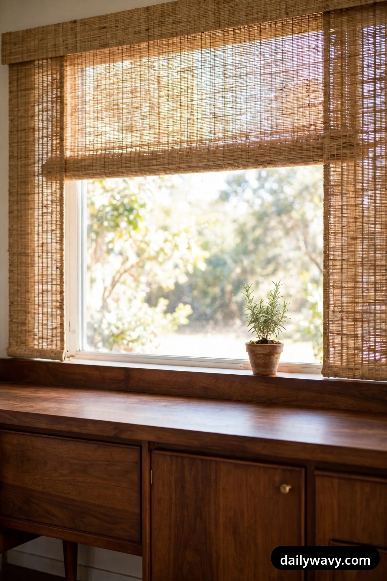 A natural woven wood roller shade hangs half raised over a wide bright kitchen window above a walnut counter and cabinets.