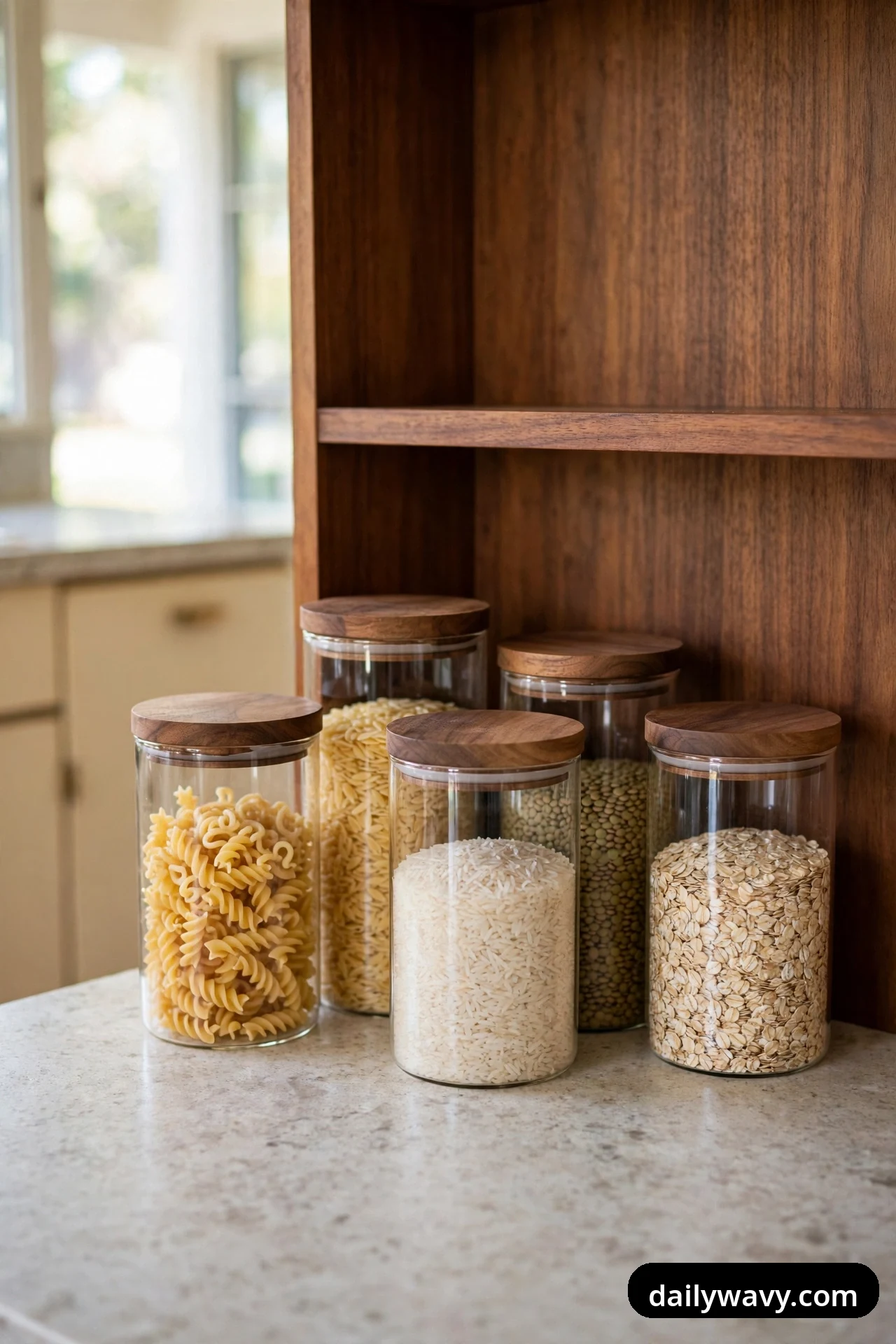 Five glass storage jars with walnut lids hold pasta, rice, lentils, and oats in a group on a kitchen counter beside a walnut shelf unit.