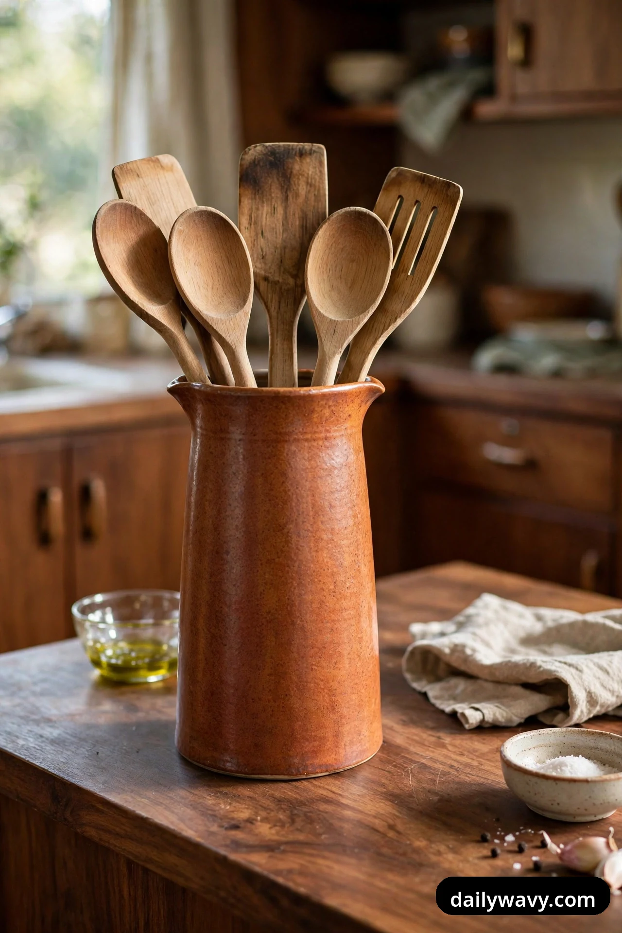 A tall rust ceramic pitcher filled with wooden spoons and spatulas stands on a walnut countertop in front of walnut cabinets.