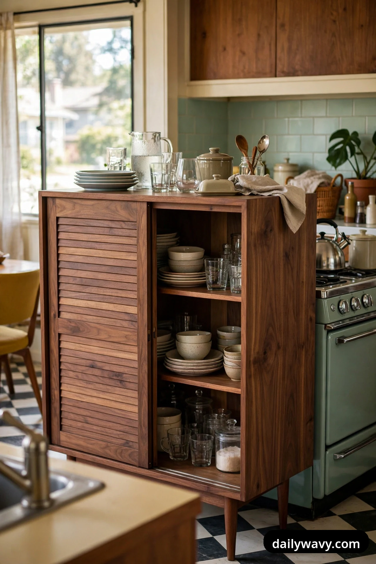 A freestanding walnut cabinet with a sliding louvered door and tapered legs stands open in a kitchen, its shelves stacked with cream dishes and glasses.