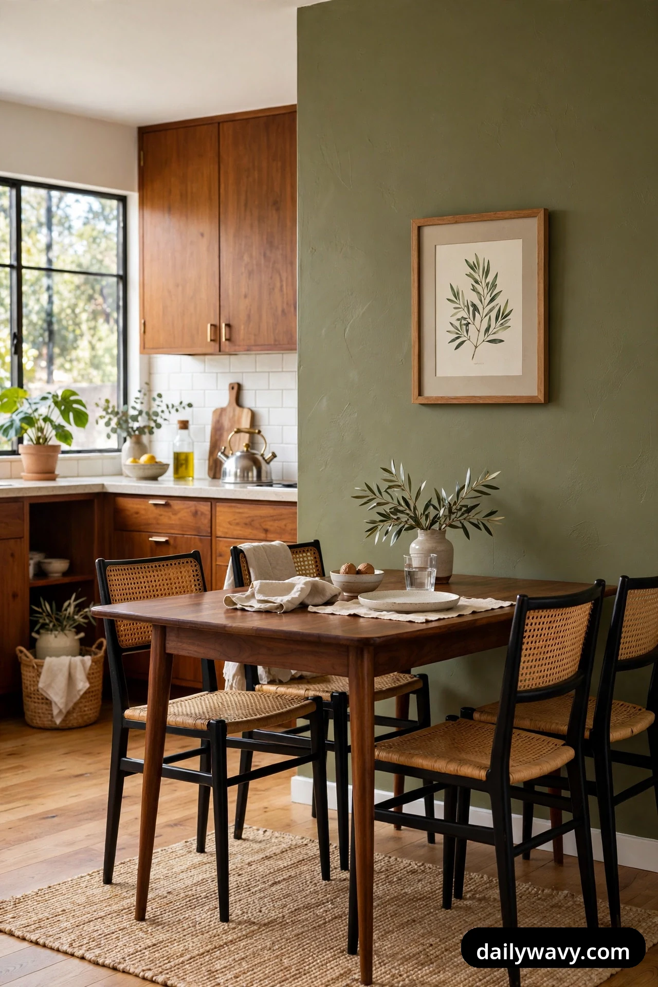 A walnut dining table with cane-seat chairs stands in a nook against an olive green accent wall hung with a framed botanical print, with a walnut kitchen visible behind it.