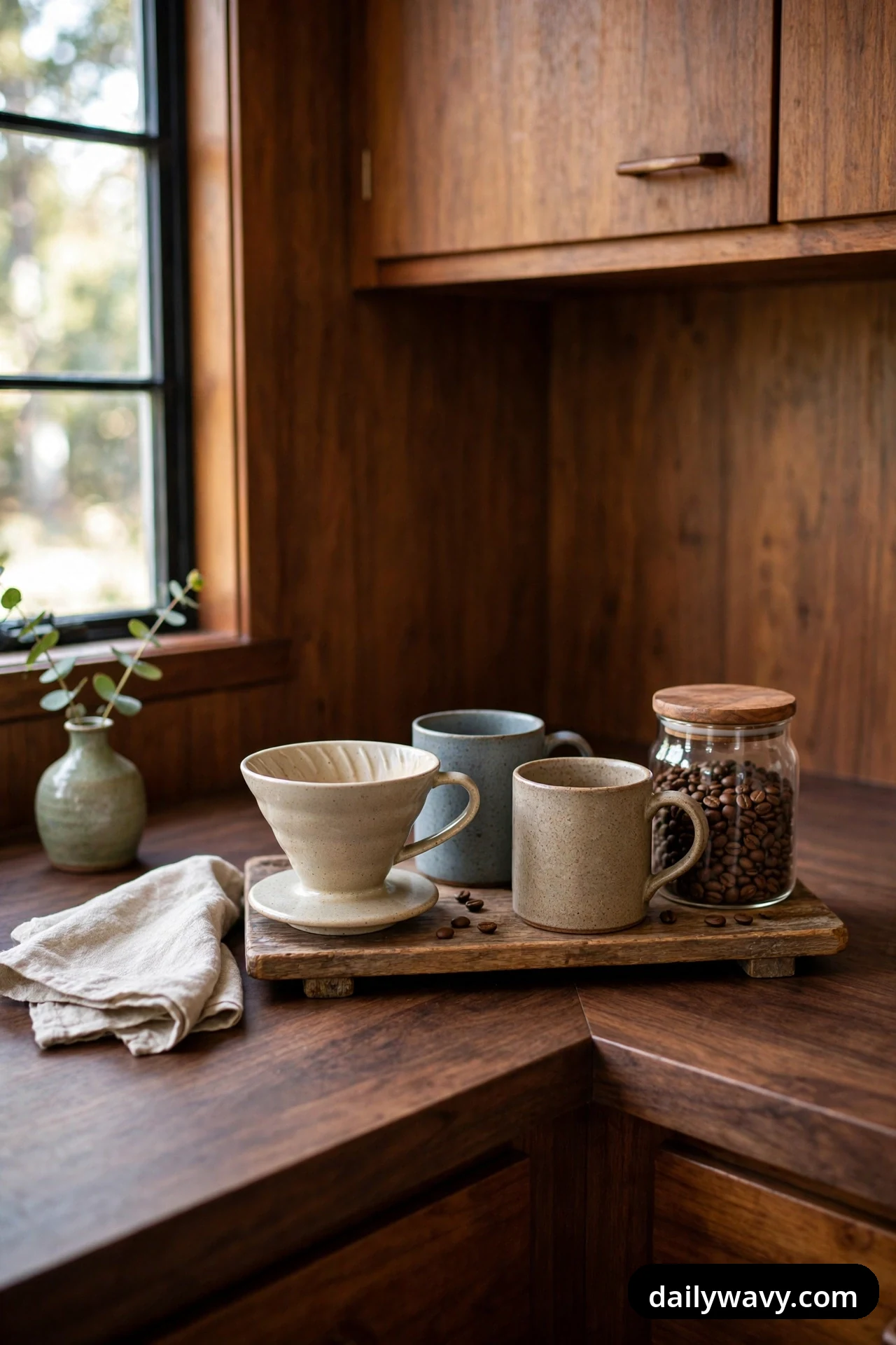 A wooden tray on a walnut counter holds a ceramic coffee dripper, two stoneware mugs, and a glass jar of coffee beans with a wooden lid.