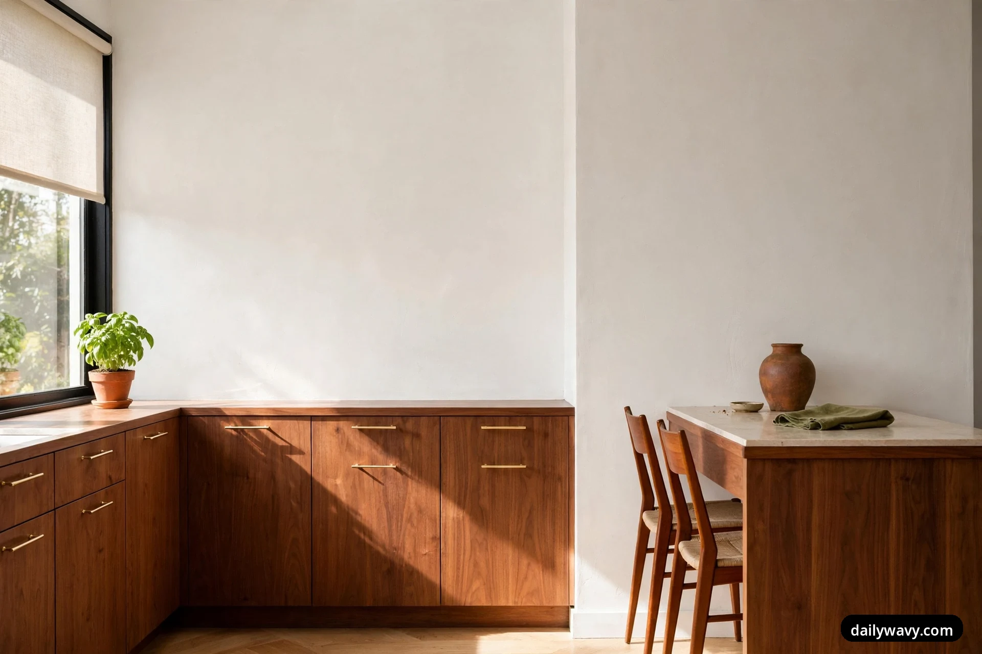 A wide view of a mid-century kitchen shows flat walnut cabinets with brass pulls beneath a large window, a terracotta pot of basil on the counter, and a small dining table with wooden chairs, a rust vase, and a folded olive cloth.