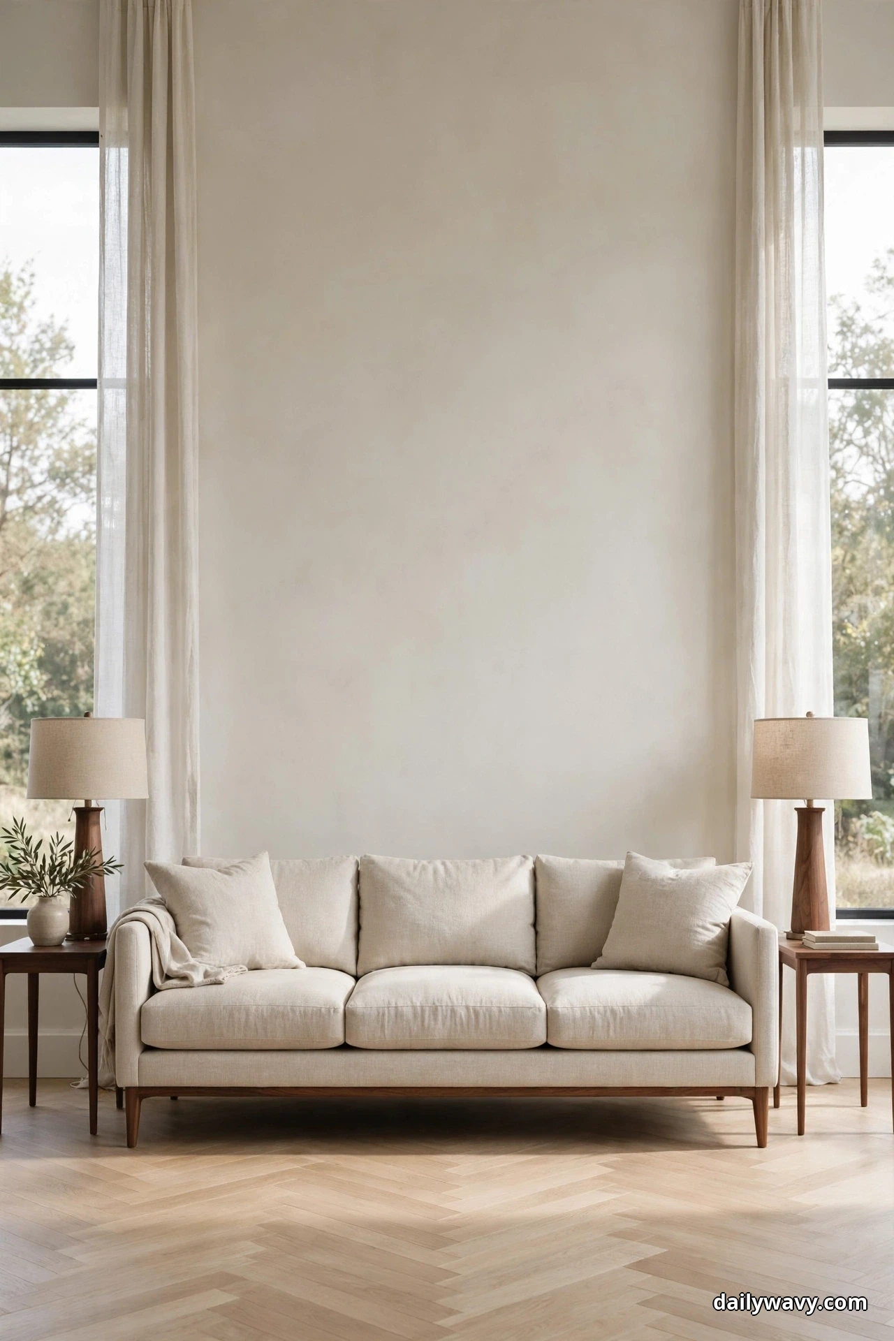 A straight-on view shows a low oatmeal sofa with tapered walnut legs centered between two tall windows, with a matching drum-shade table lamp on a walnut end table at each end