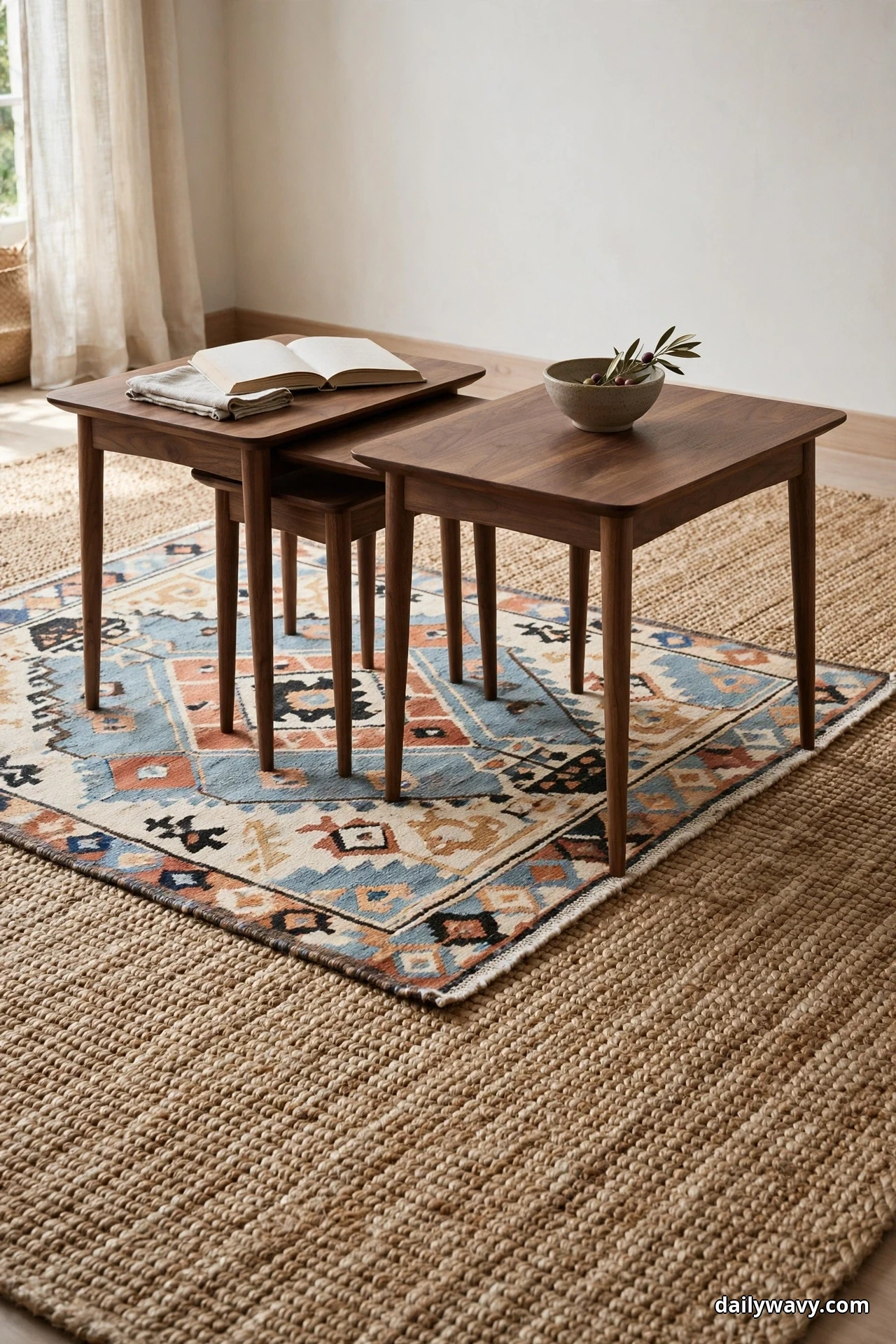 Three walnut nesting tables with tapered legs stand on a patterned wool rug layered over a woven jute base rug, one holding an open book and another a ceramic bowl