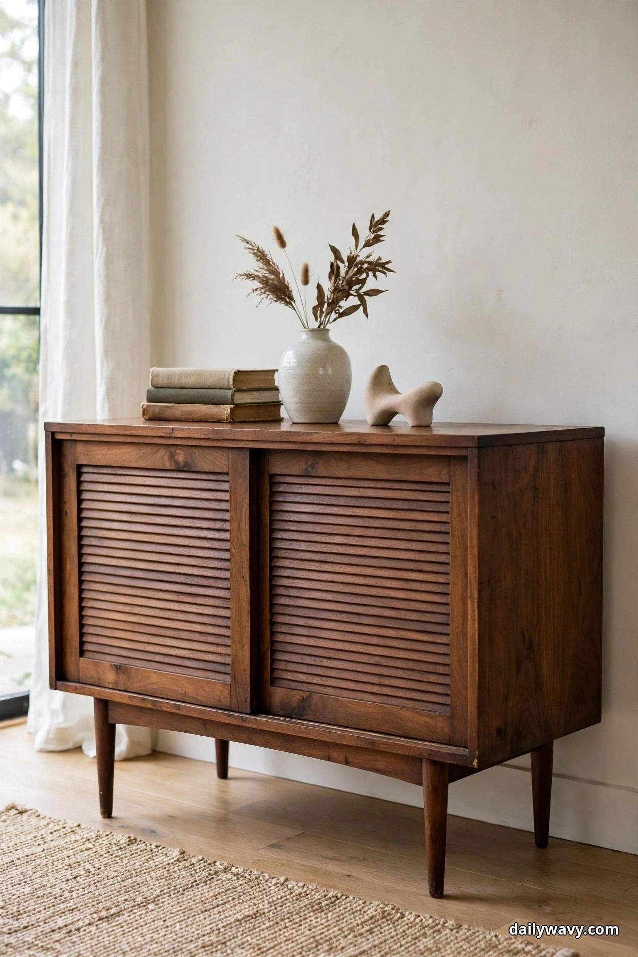 A vintage walnut cabinet with louvered sliding doors and tapered legs stands against a wall, its top styled with a stack of books, a ceramic vase of dried grasses, and a small abstract sculpture