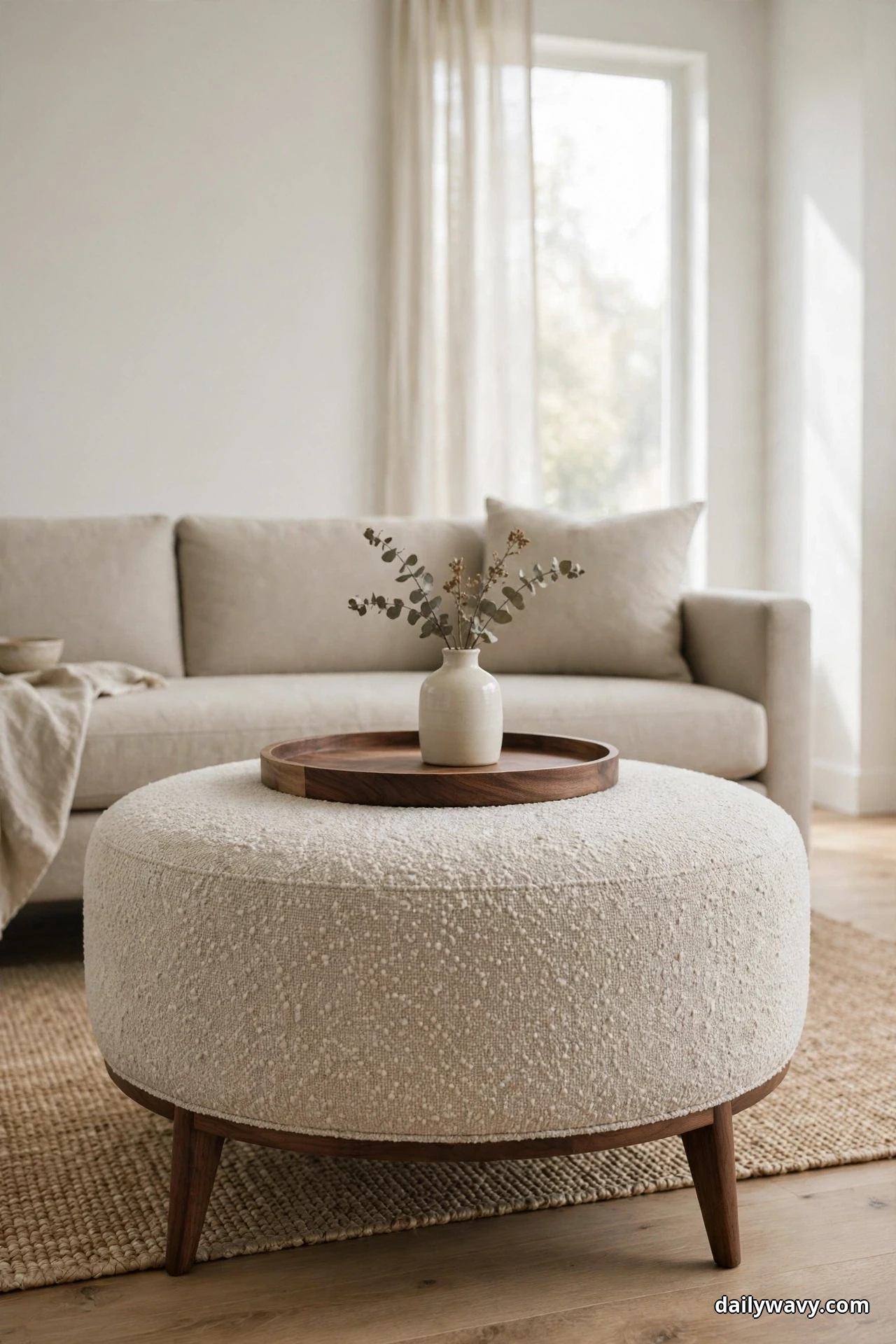 A large round ottoman in nubby oatmeal fabric stands on tapered walnut legs in front of a neutral sofa, with a round walnut tray resting on top