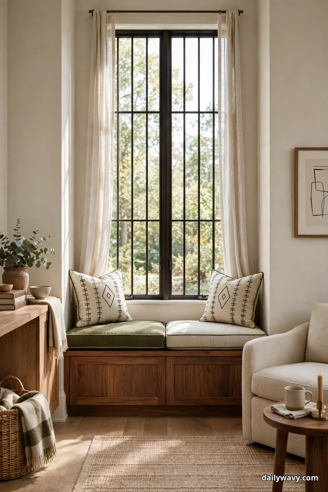 A built-in window seat with a walnut base runs beneath a tall black-framed window, topped with olive and oatmeal box cushions and two geometric-print pillows