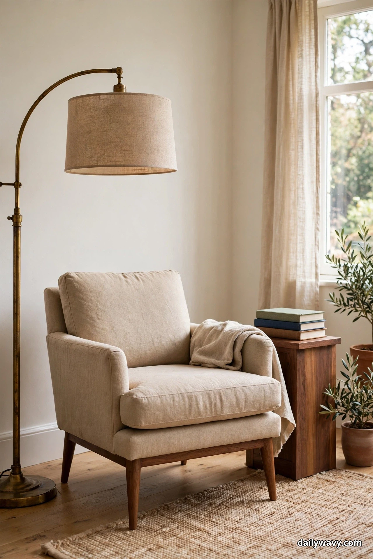 A brass arc floor lamp with a linen drum shade curves over an oatmeal armchair with tapered walnut legs, beside a walnut side table holding a stack of books