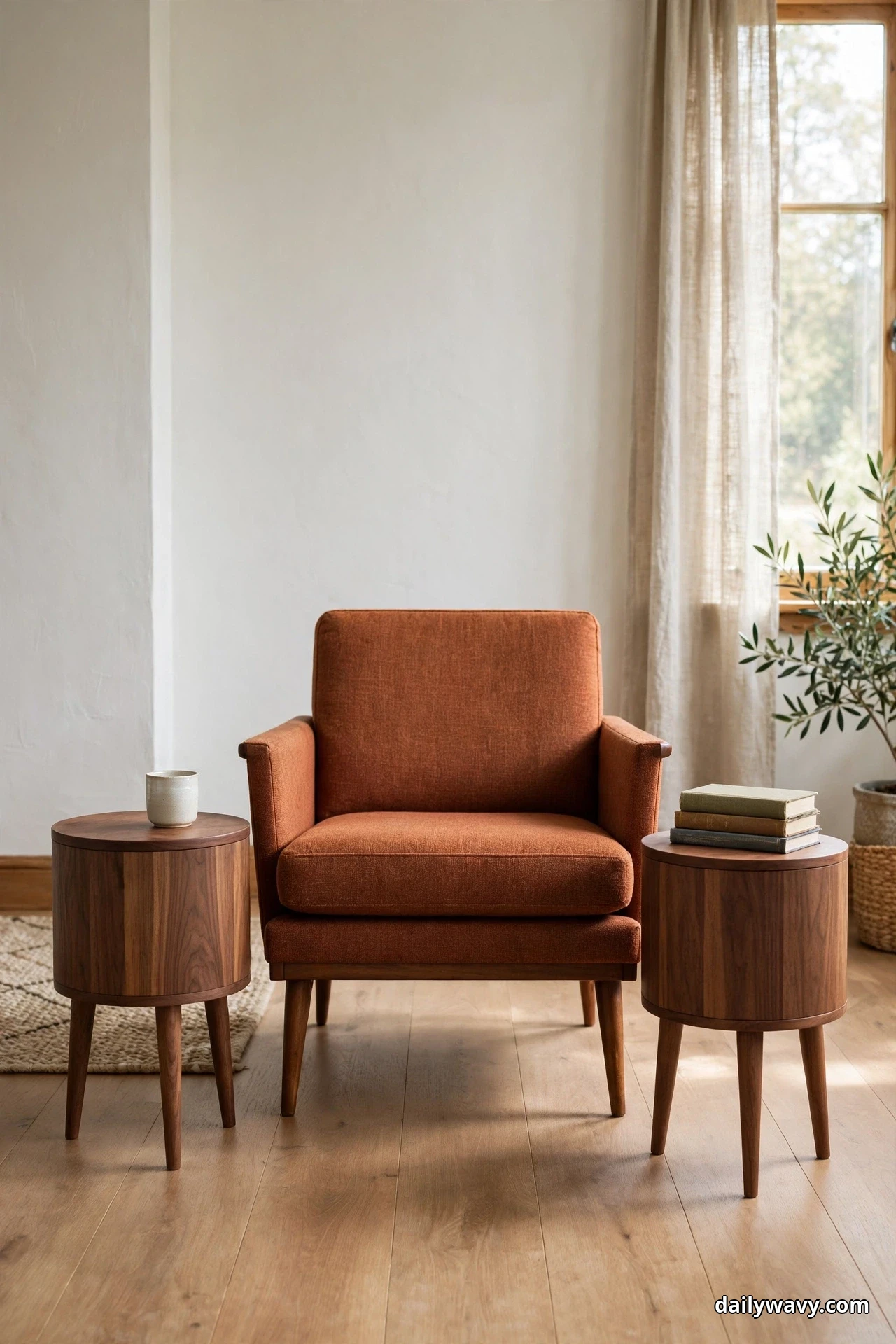 Two matching walnut drum side tables with tapered legs flank a rust fabric armchair on a wood floor beside a curtained window