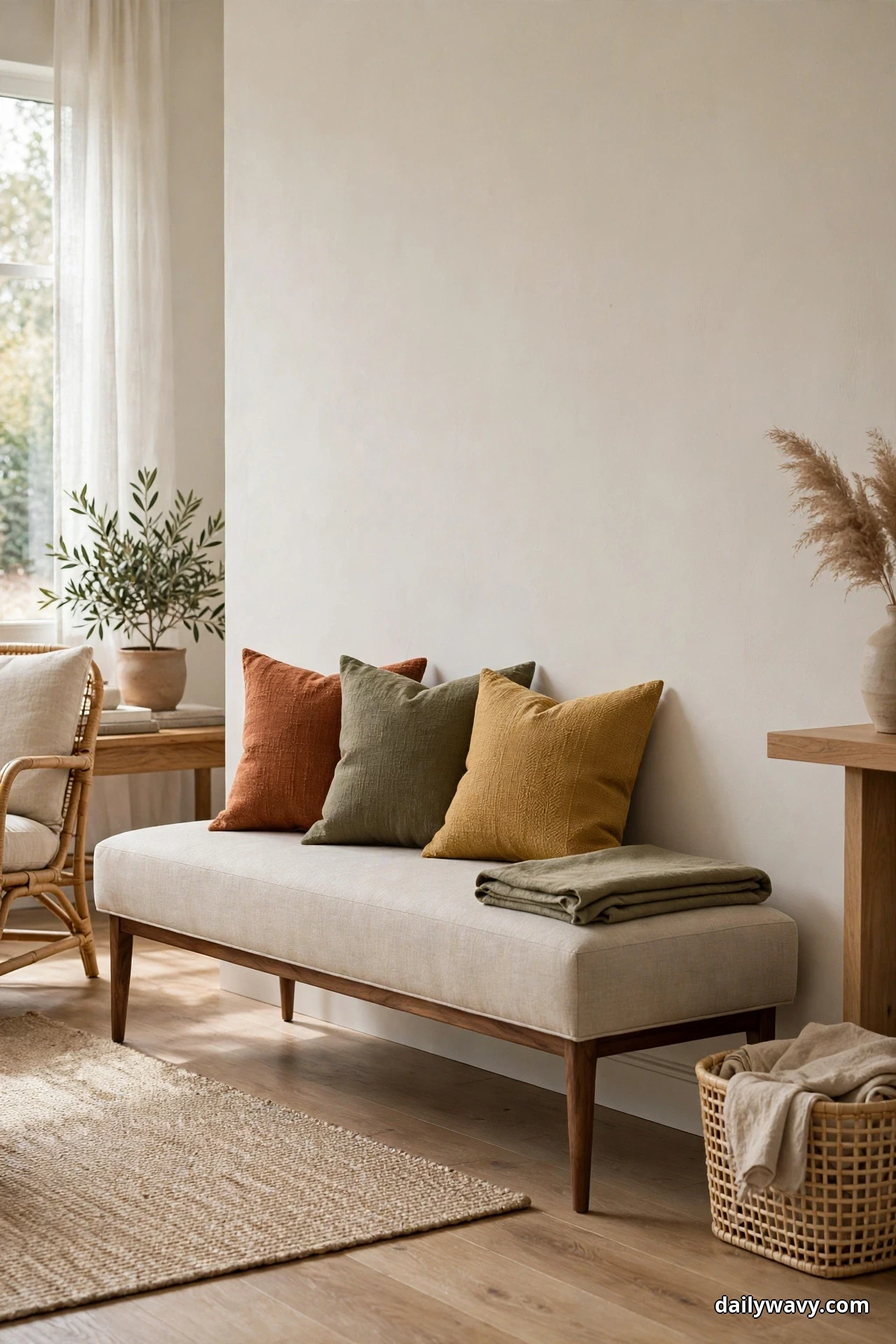 A low oatmeal upholstered bench on tapered walnut legs rests against a plain wall, lined with rust, olive, and mustard pillows and a folded throw