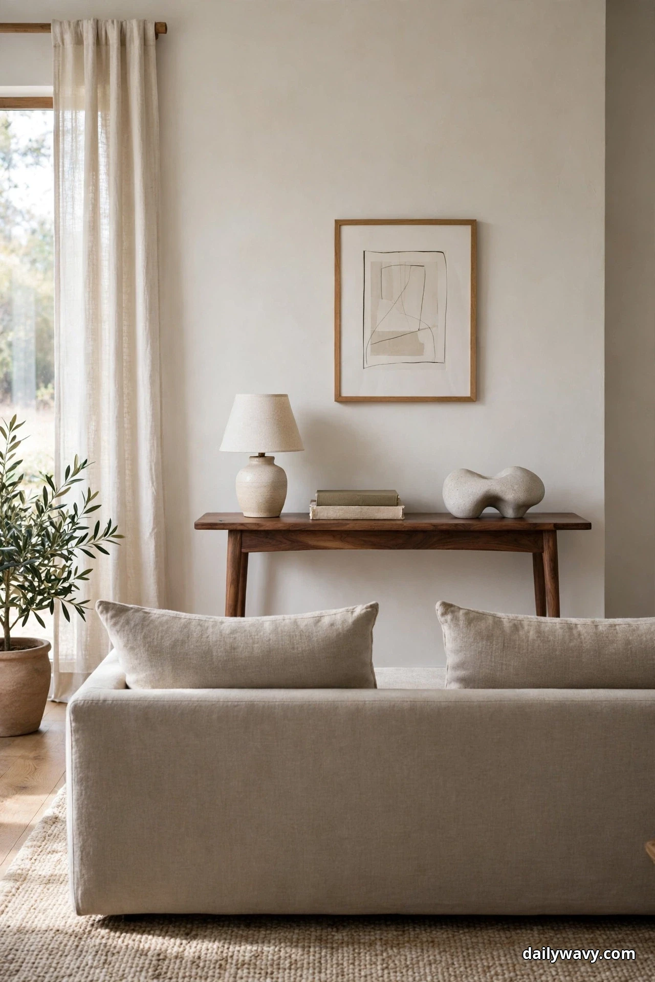 Seen from behind a low oatmeal sofa, a narrow walnut console against the wall holds a small ceramic lamp, a stack of books, and an abstract stone sculpture beneath a framed print