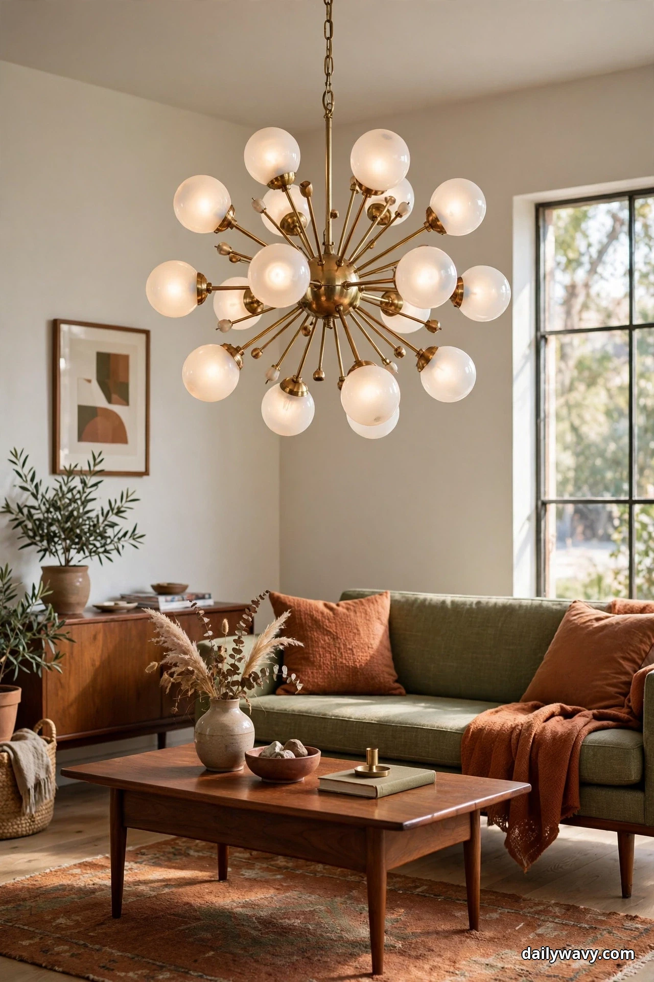 A brass sputnik pendant with glowing opal glass globes hangs over a walnut coffee table in front of an olive sofa with rust cushions, with a walnut cabinet along the wall behind