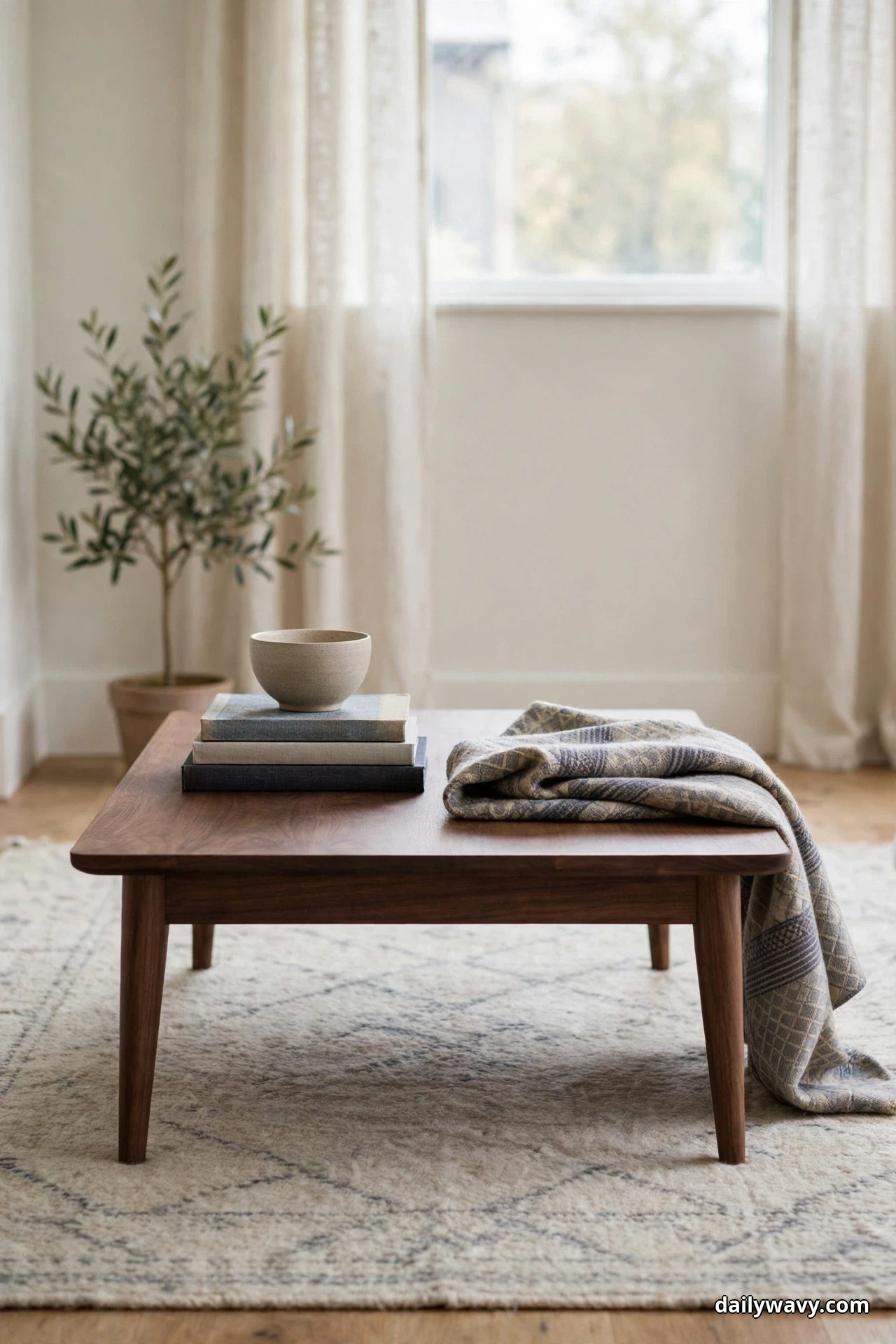 A low walnut coffee table with tapered legs stands on a pale patterned wool rug, carrying a folded patterned throw, a stack of books, and a ceramic bowl
