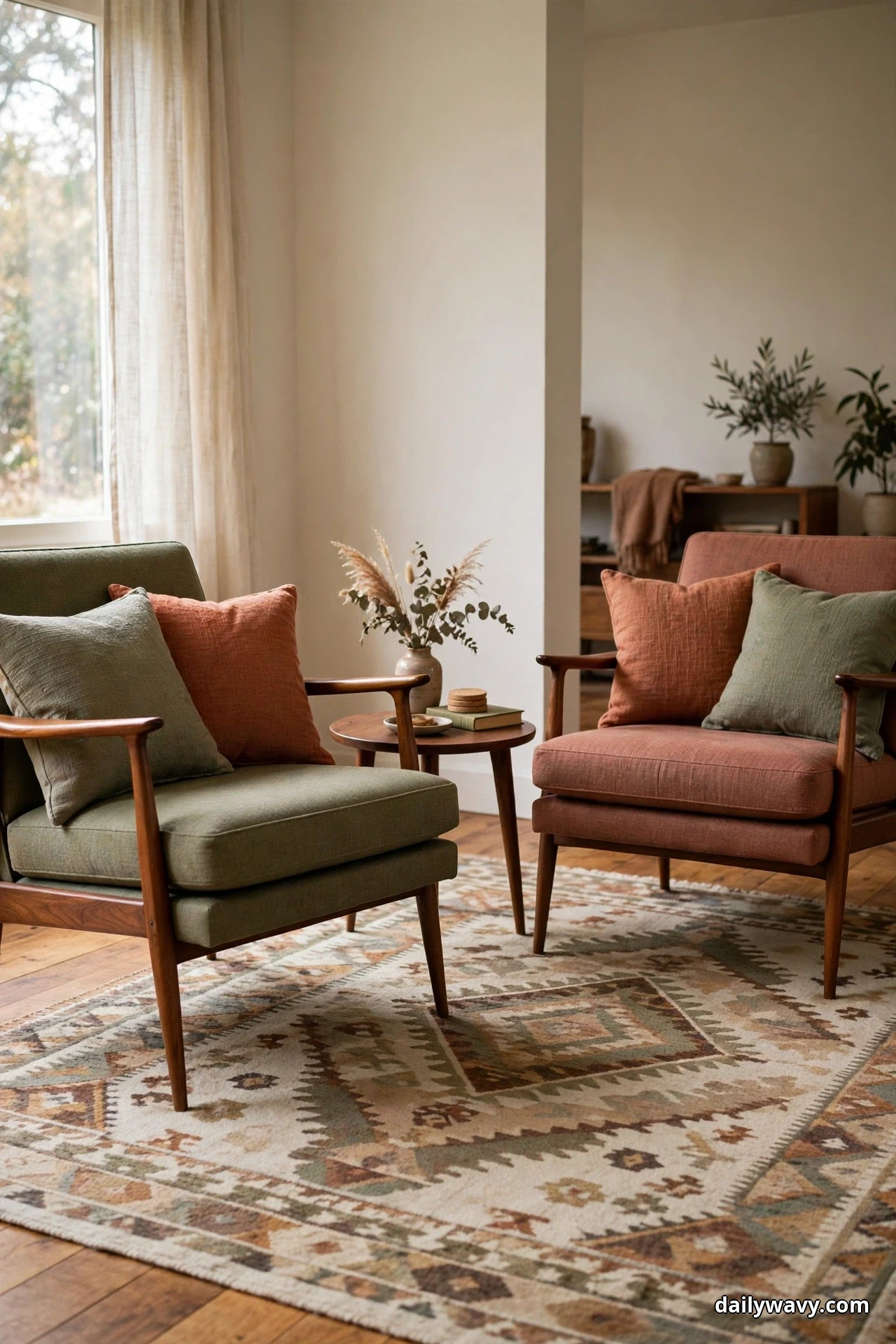 Two walnut-framed armchairs in olive and rust angle toward each other over a large patterned wool rug, with a small round walnut side table between them